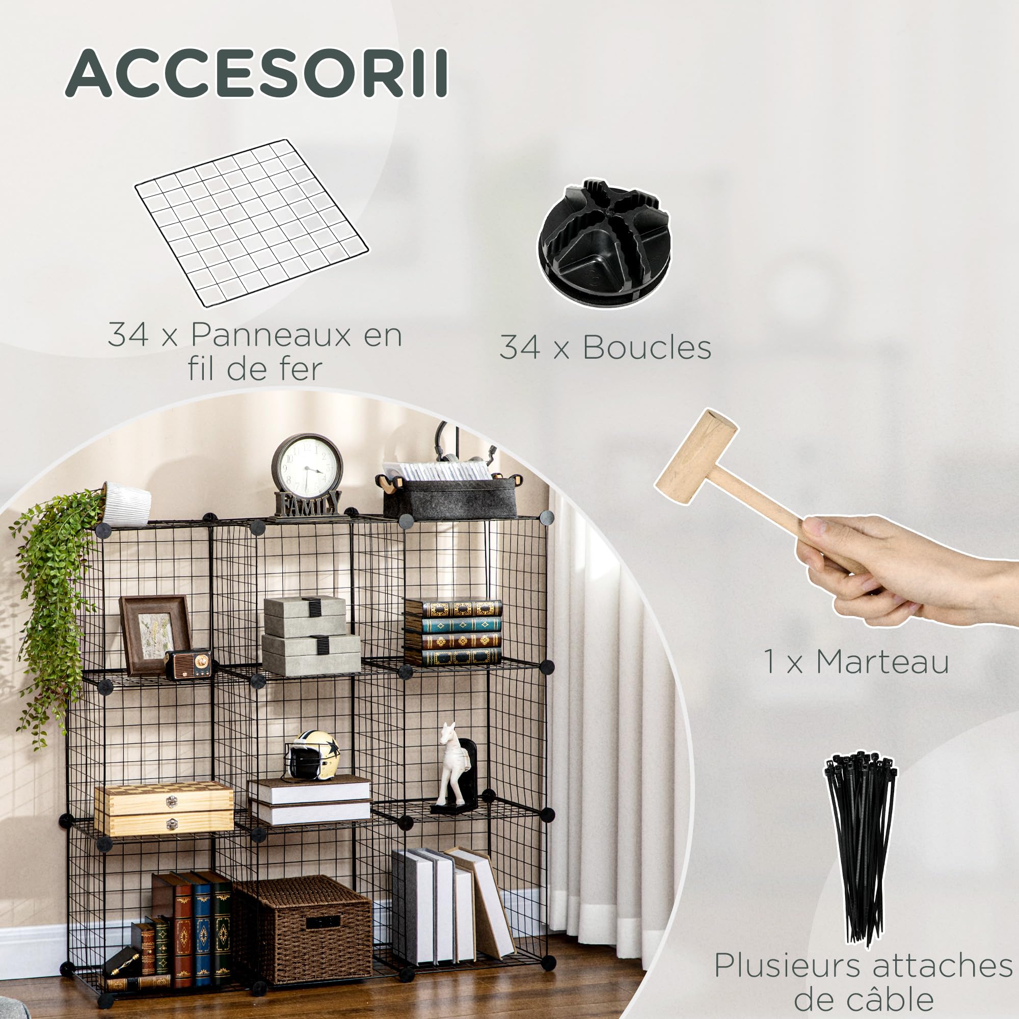 HOMCOM Étagère Modulable Meuble de Rangement Cube 9 Compartiments Noir | Étagère Cube DIY en Treillis Métallique, pour Salon, Chambre à Coucher