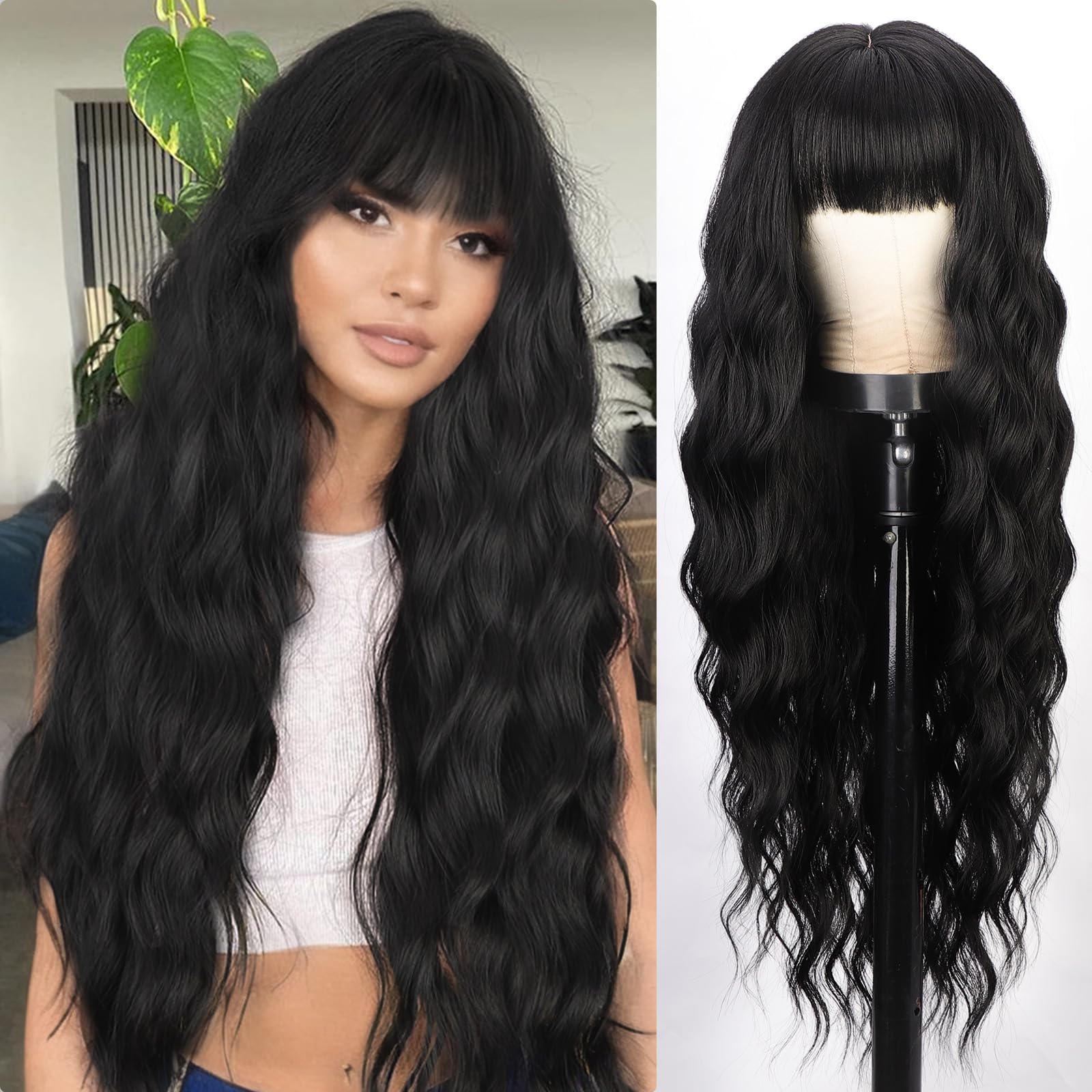 Long Black Wig with Bangs, 30 Inch Black Wavy Wigs for Women Middle Part  Natural Looking Curly Wavy Synthetic Wigs for Daily Party Use