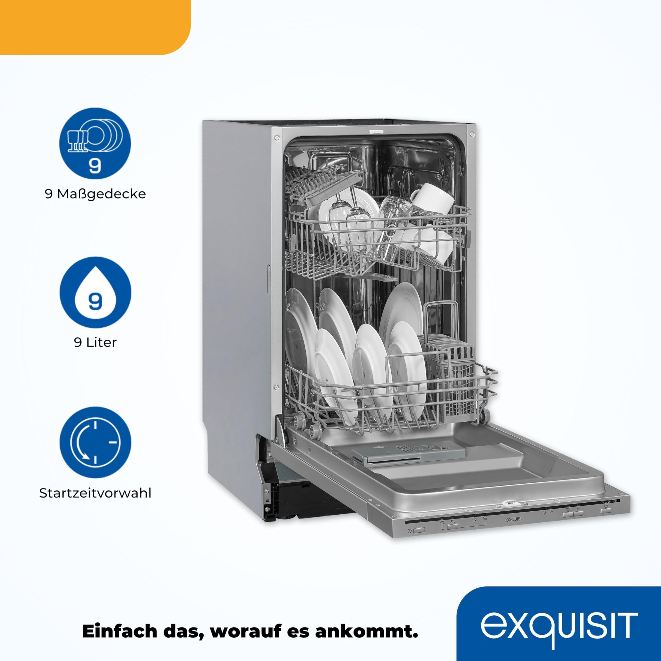 Exquisit EGSP1009-E-030E Einbaugeschirrspüler vollintegriert 45 cm 9 Maßgedecke silber Energieklasse E