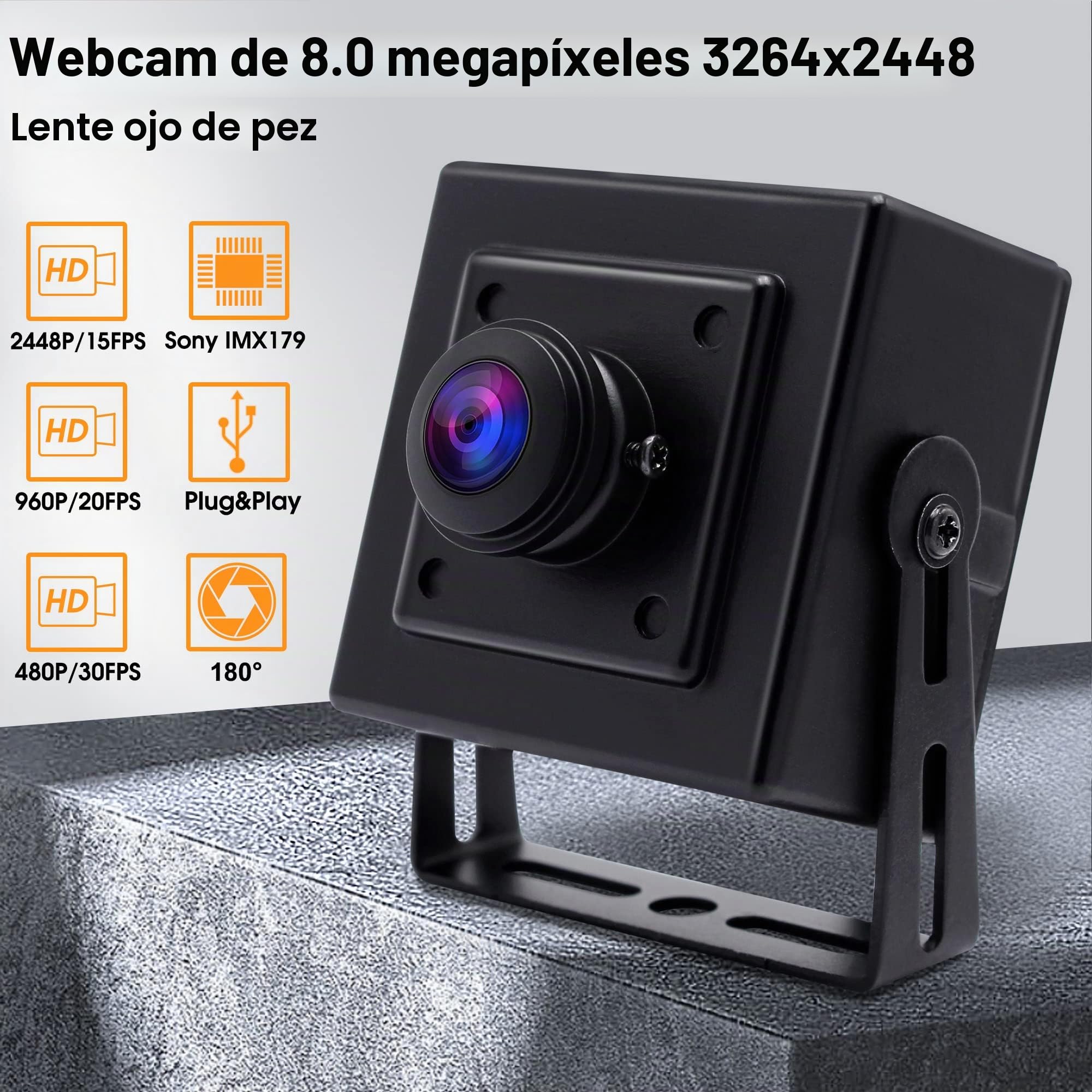 Svpro Cámara USB de 8MP ojo de pez de 180 grados ultra gran angular, cámara web de alta resolución 3264x2448 USB con carcasa de aluminio para la industria y el ordenador de PC..