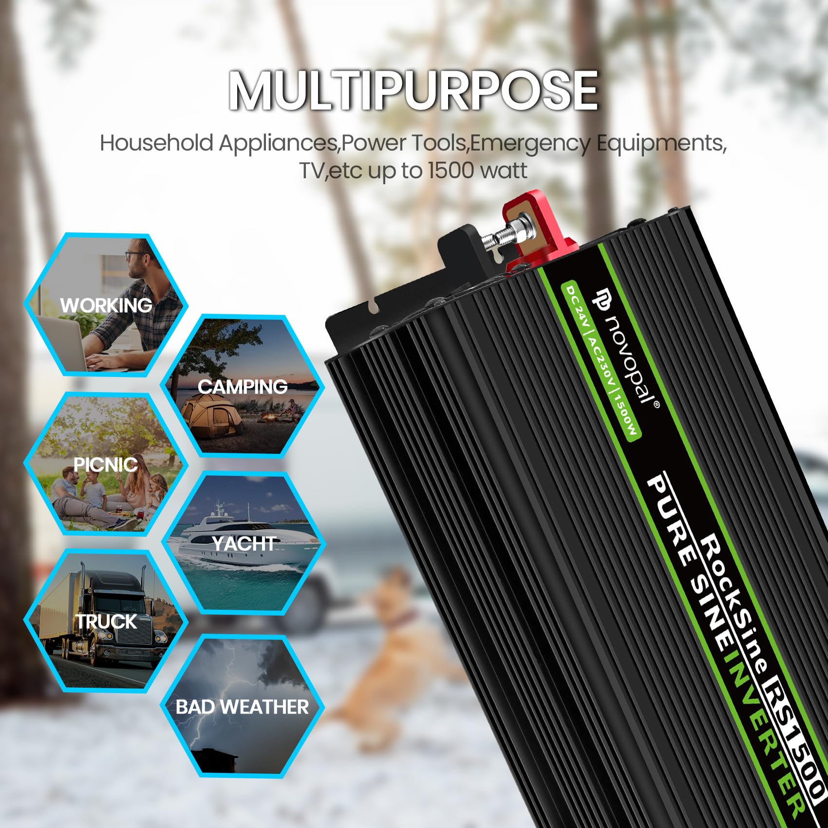 Novopal 1500W 3000W Power Inverter Onda Sinusoidale DC 24V AC 220V | 5m di Telecomando,2 EU Presa,1 Uscita USB,Alloggiamento in lega di alluminio,Adatto per Camion,Campeggio,Viaggi