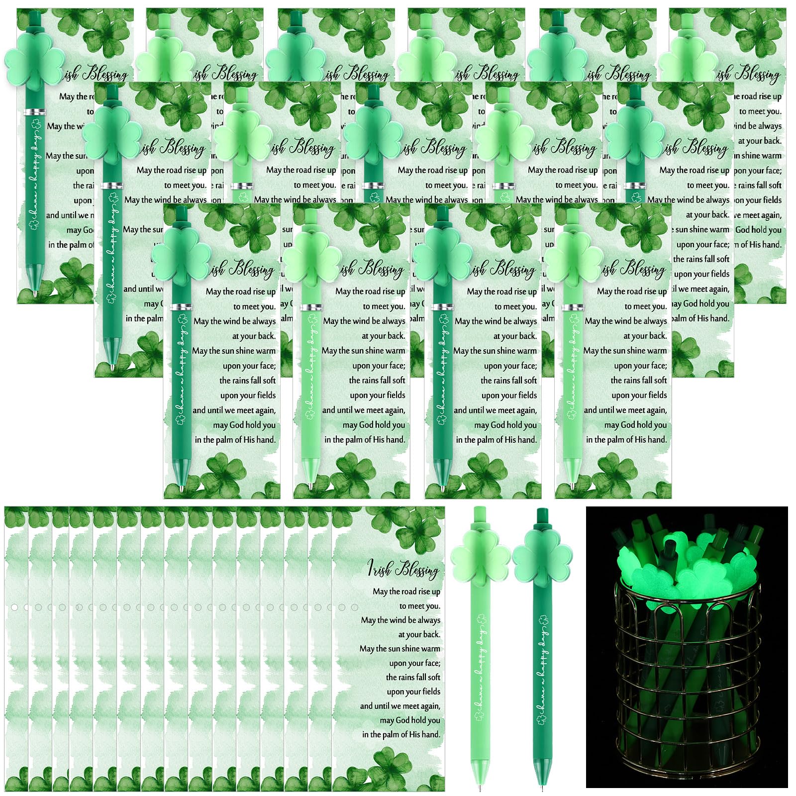 40 Sets St Patrick's Day Ballpoint Pens Luminous Shamrock Black Ink Green Clover Rollerball Pens with Blessing Cards for Home Party Office