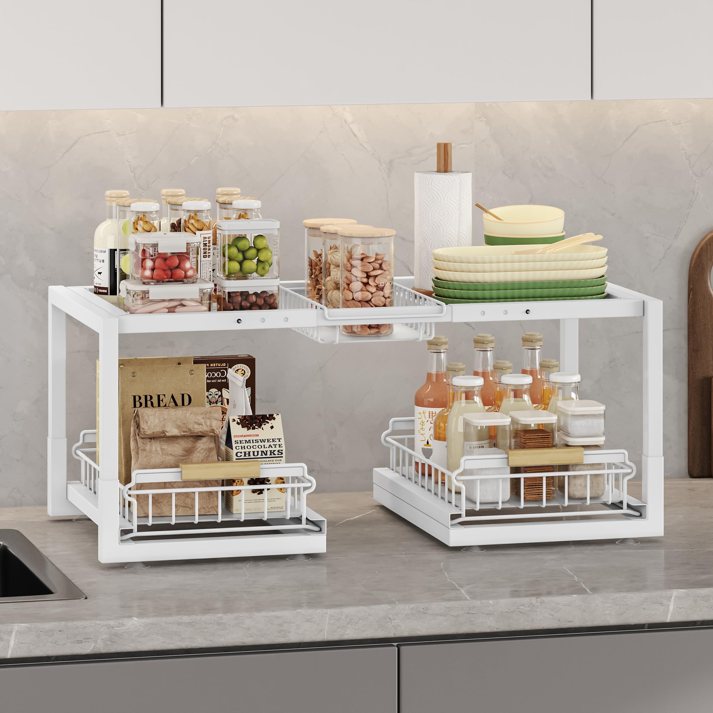 INGIORDAR Organizadores para debajo del fregadero, organizador extraíble de 2 niveles para debajo del gabinete, estante deslizante para fregadero, estantes de almacenamiento para cocina, baño (blanco