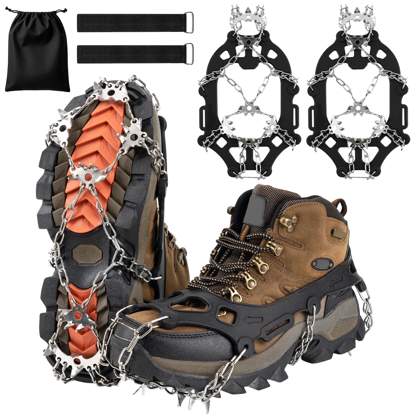 BQMEZRNUS 24-Spike Crampons for Hiking Boots, Anti-Slip Snow Grips (M)