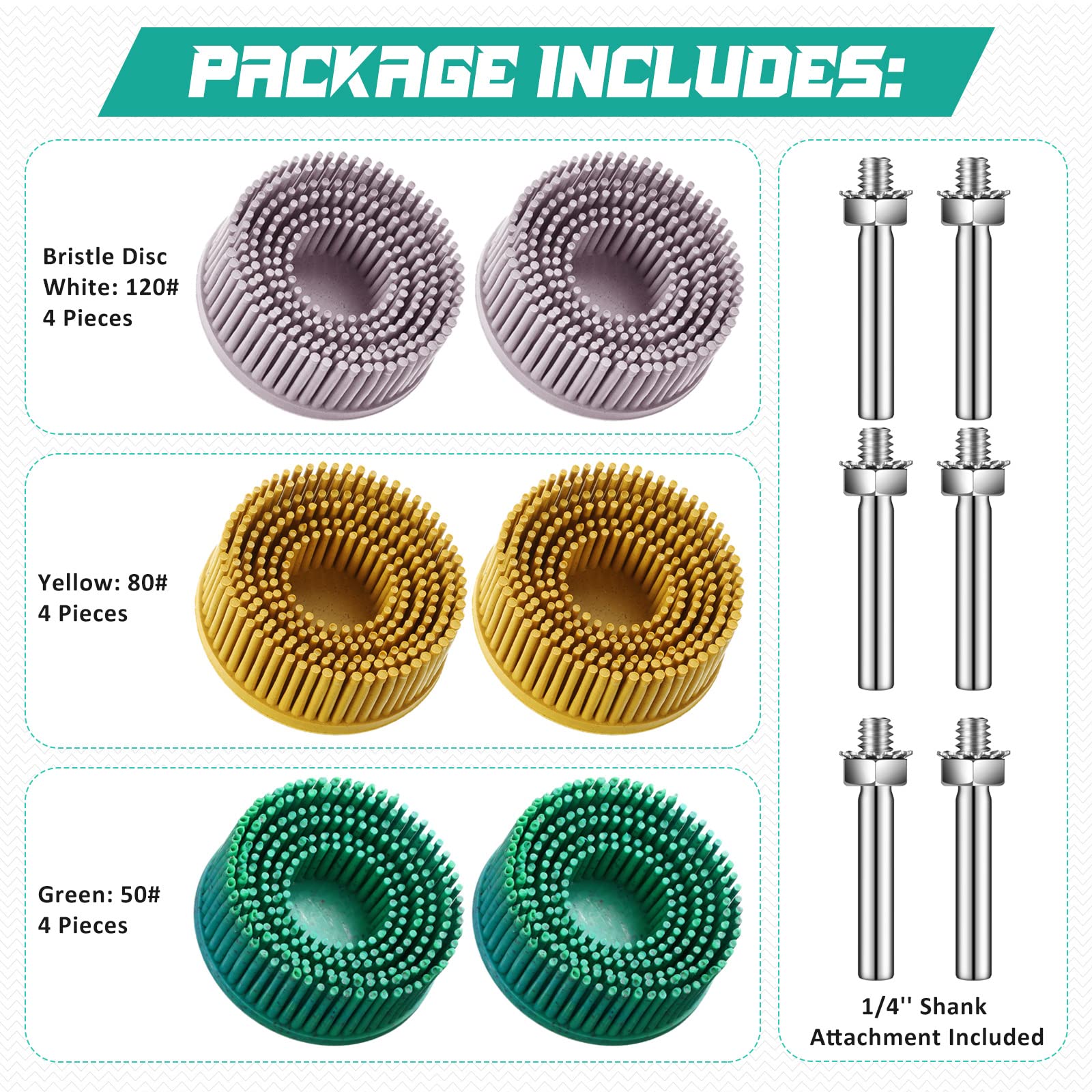 12 piezas de grano de disco de cerdas de 2 pulgadas, disco de cerdas abrasivas 120# 80# 50# con accesorio de vástago de 1/4 pulgadas, disco de eliminación de revestimiento de junta blanco, verde y
