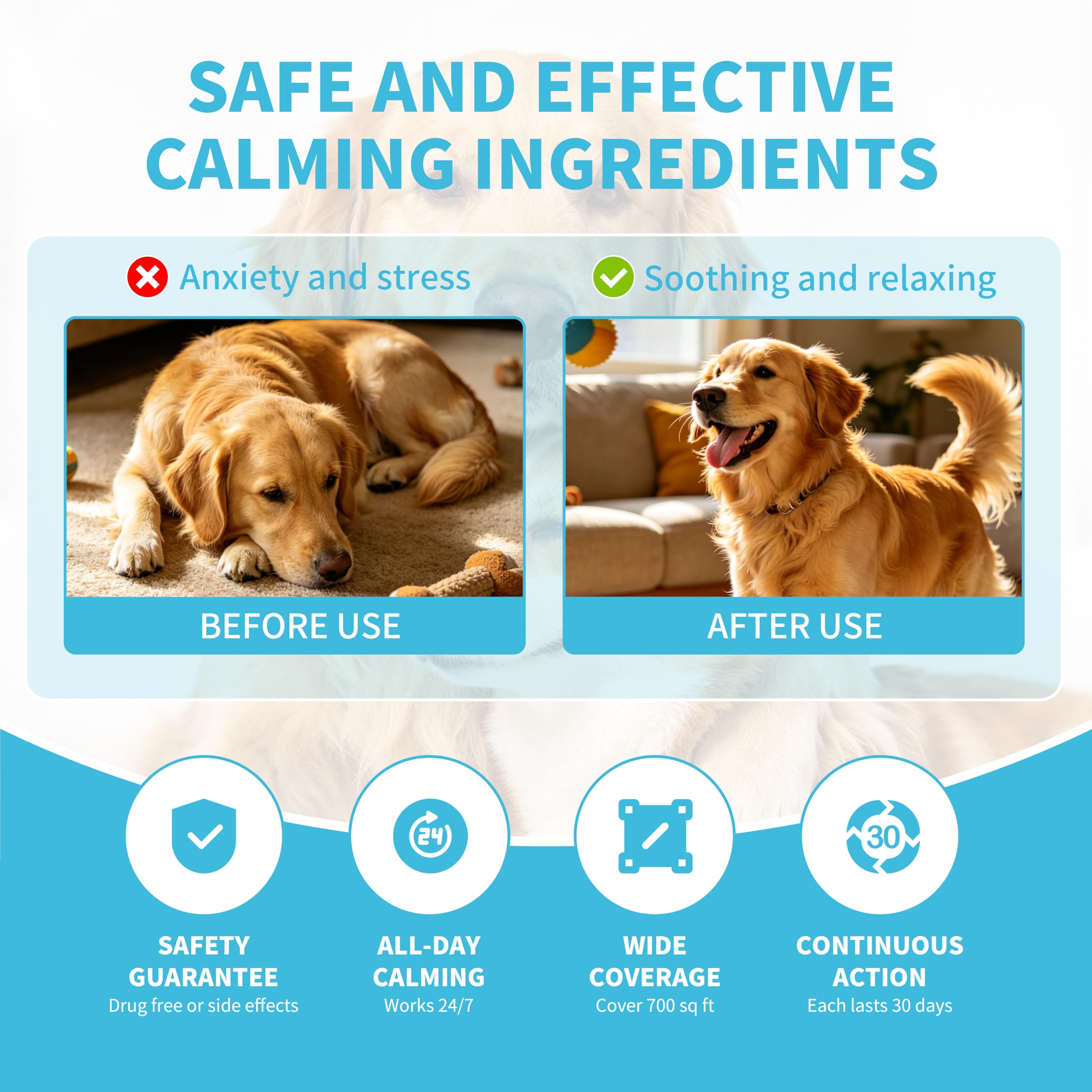 Diffuseur de Phéromones Apaisant pour Chien, Kit 1 Diffuseur + 2 Recharges 48ML, Anti-Stress et Anti-Anxiété, Réduit Aboiements et Comportements Destructeurs, Effet Continu Jusqu’à 60 Jours, Couvertur