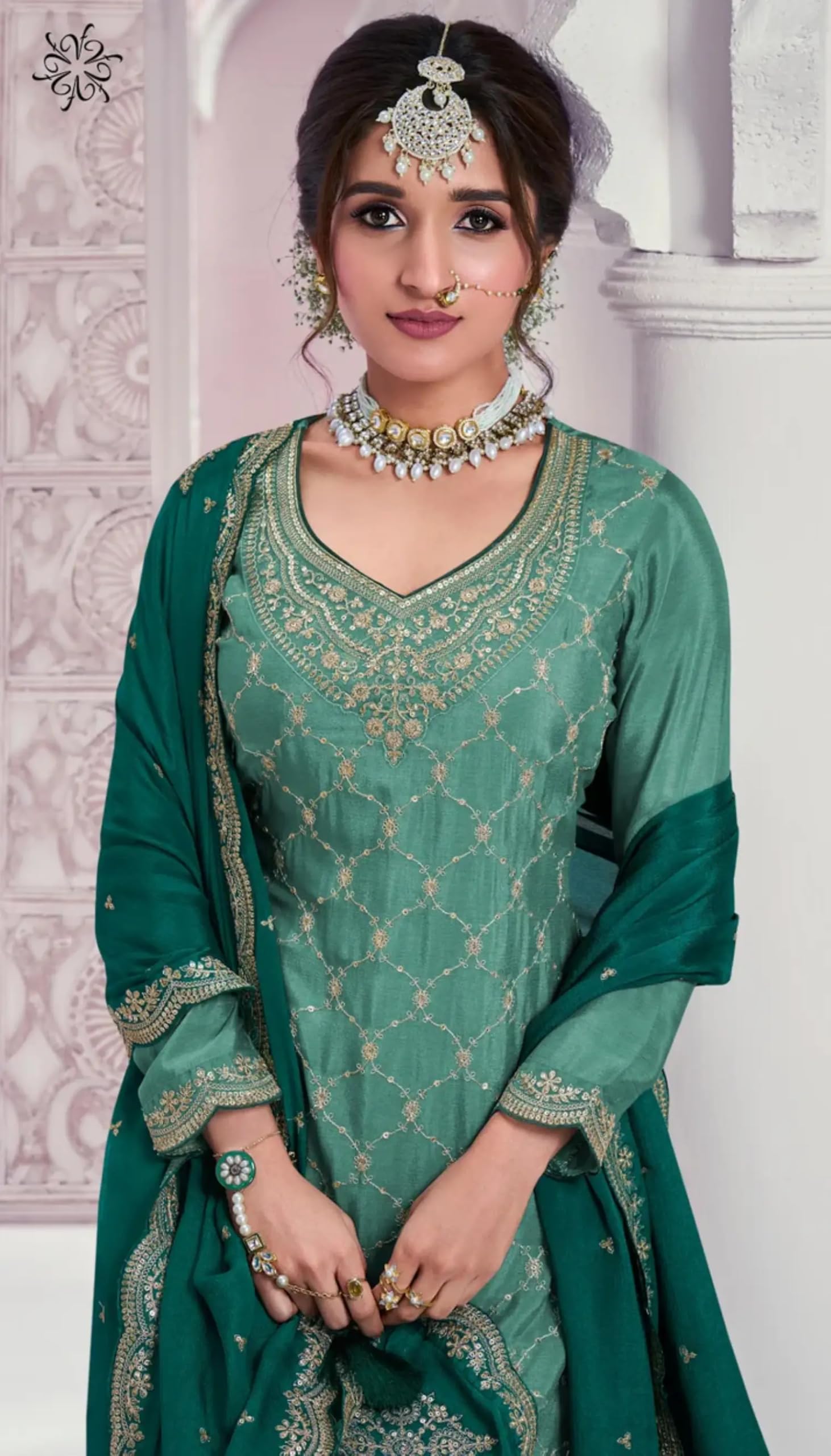 Damski morski zielony czysty chinon haftowany zestaw Sharara z Dupatta