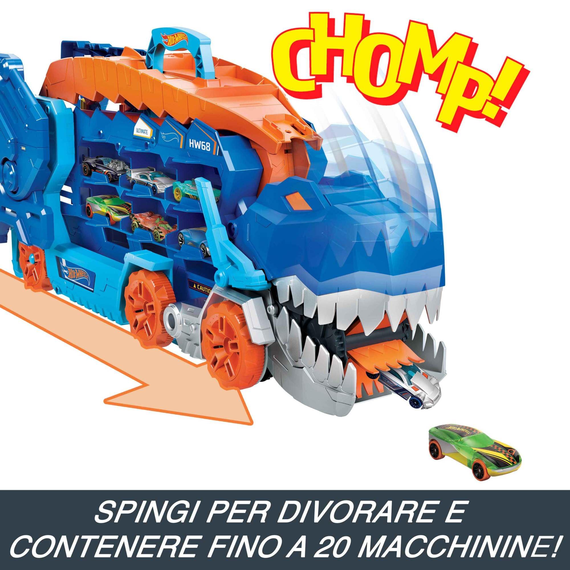 ​Hot Wheels City 'Let's Race' Netflix - Mega Dino Trasportatore, pista da corsa che si trasforma in un T-Rex, playset con luci e suoni, box per riporre 20 macchinine in scala 1:64, 4+ anni, HNG50