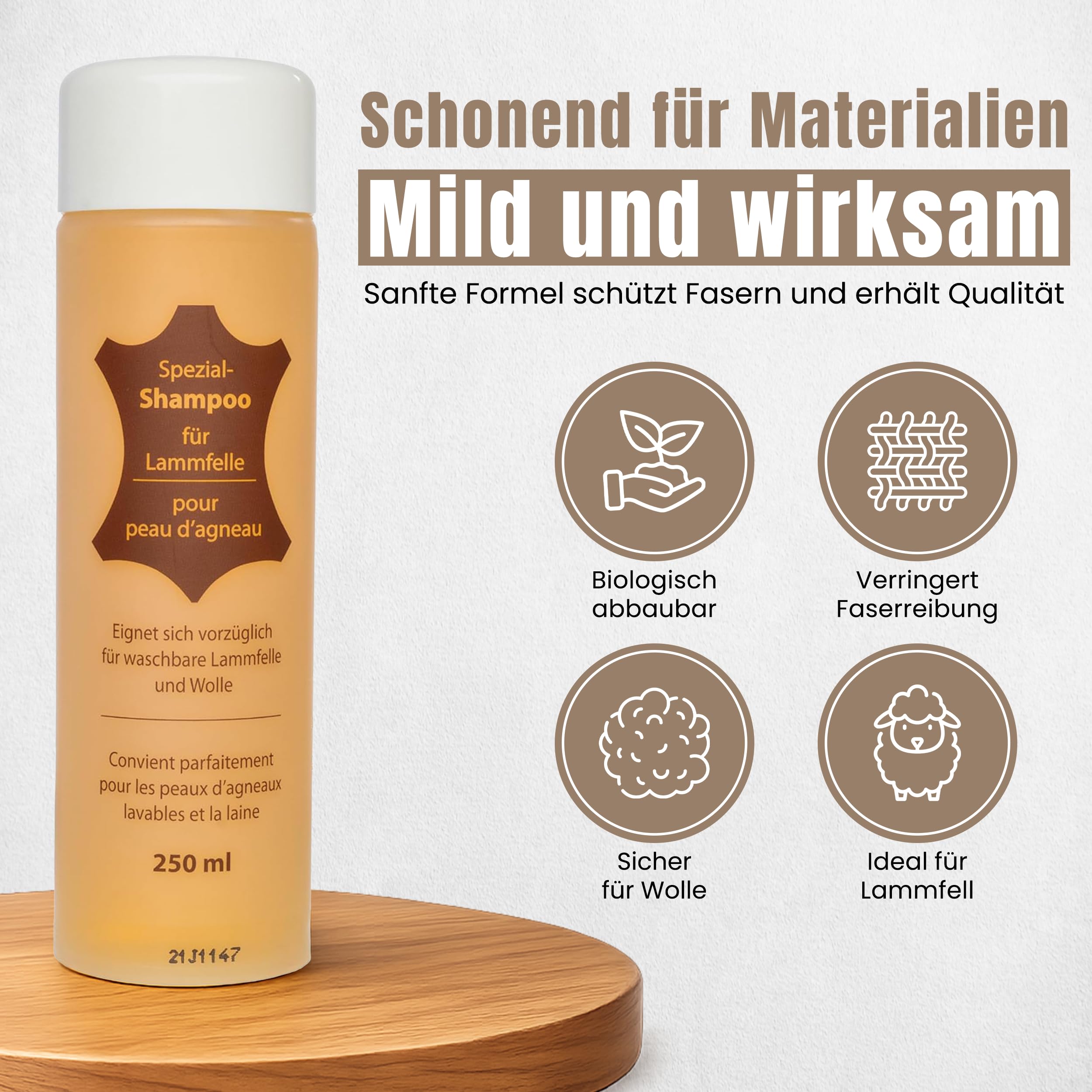 Lammfellwaschmittel | Bio-Wollwaschmittel mit Lanolin für Wolle & Lammfell | 250 ml Fellschampoo für sanfte Reinigung, Geruchsneutralisierung und Anti-Filz-Schutz | Ideal für Pelzaccessoires