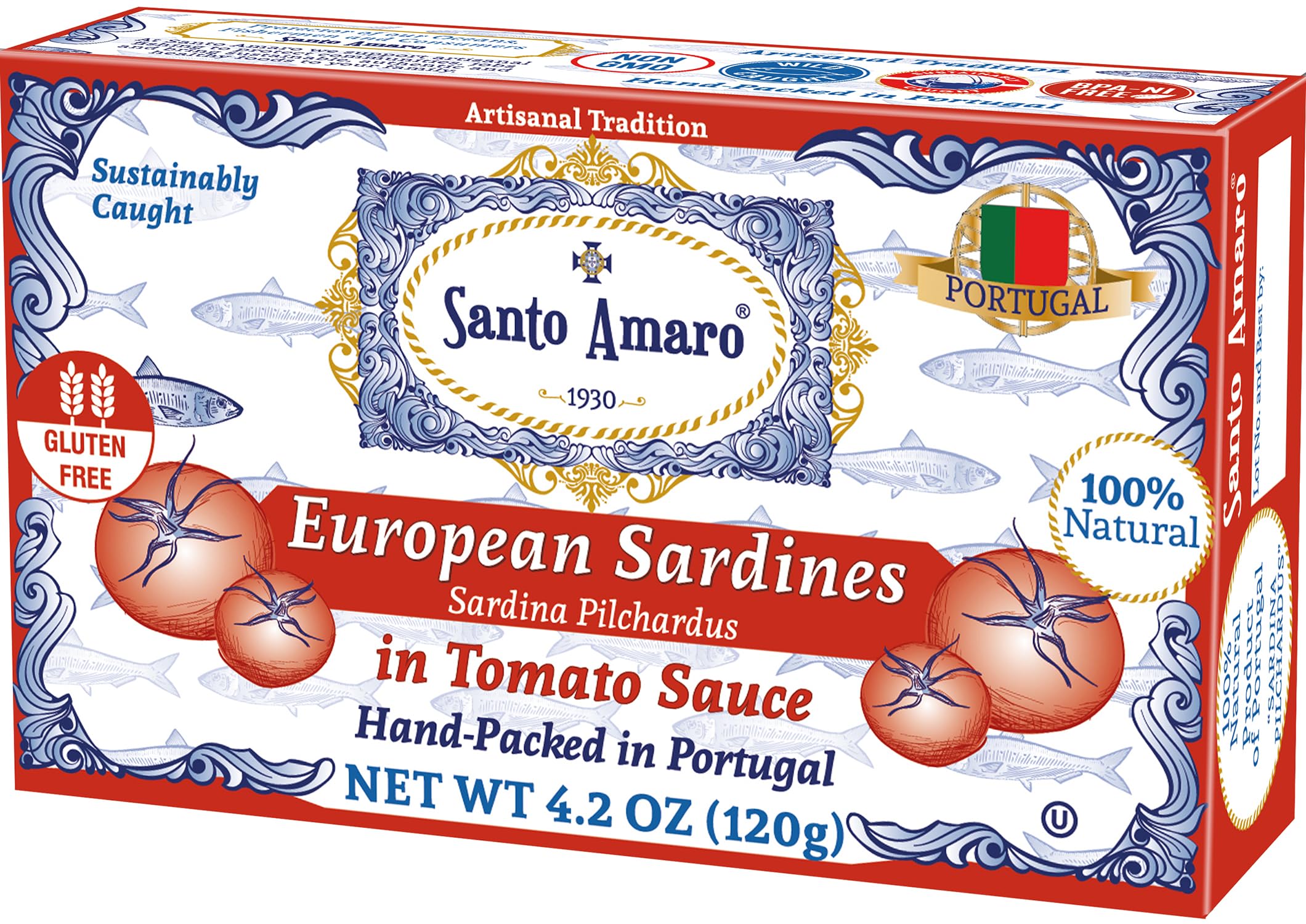 Authentic European Sardines in Tomato Sauce from Puree, Hand-packed Canned Sardines in Tomato Sauce from Portugal, Wild Caught Portuguese Sardines, 23g Protein, Paleo, Dash, Pack of 6