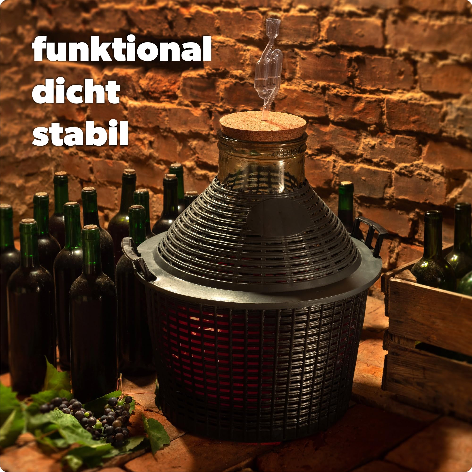 KADAX Glasballon, Gärballon mit Kunststoffkorb, Weite Öffnung, Gummistopfen, Weinballon, Glasgärballon, Flasche, Glasflasche, Gallone, Gärbehälter, Gäreimer (10L)