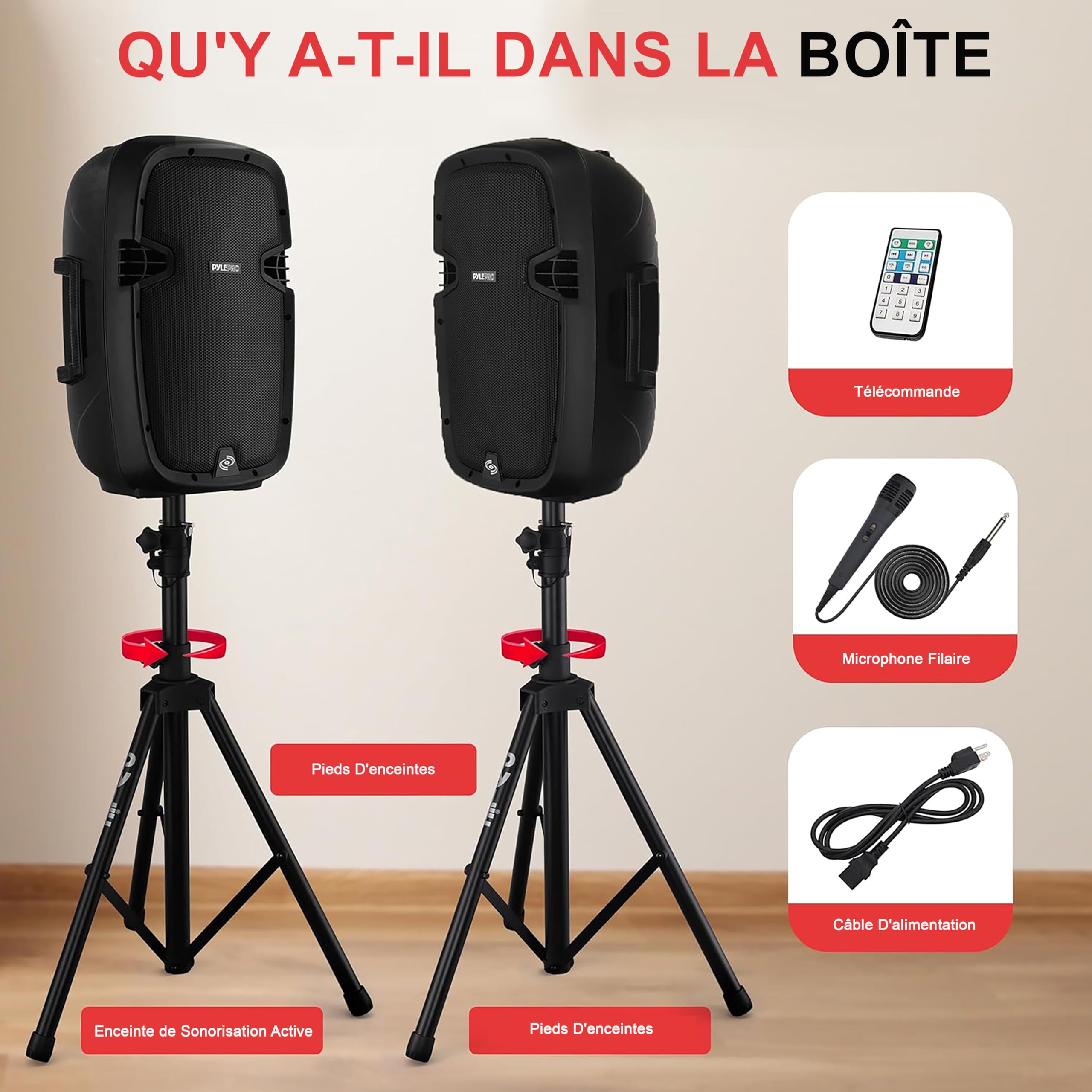 Pyle Kit Enceintes avec 2 Pieds, Enceinte Bluetooth Puissante,1000W, Haut Parleurs Actives et Passives, Montage de 35 mm, Lecteurs MP3/USB/SD/AUX, 2 Supports, Micro, Télécommande