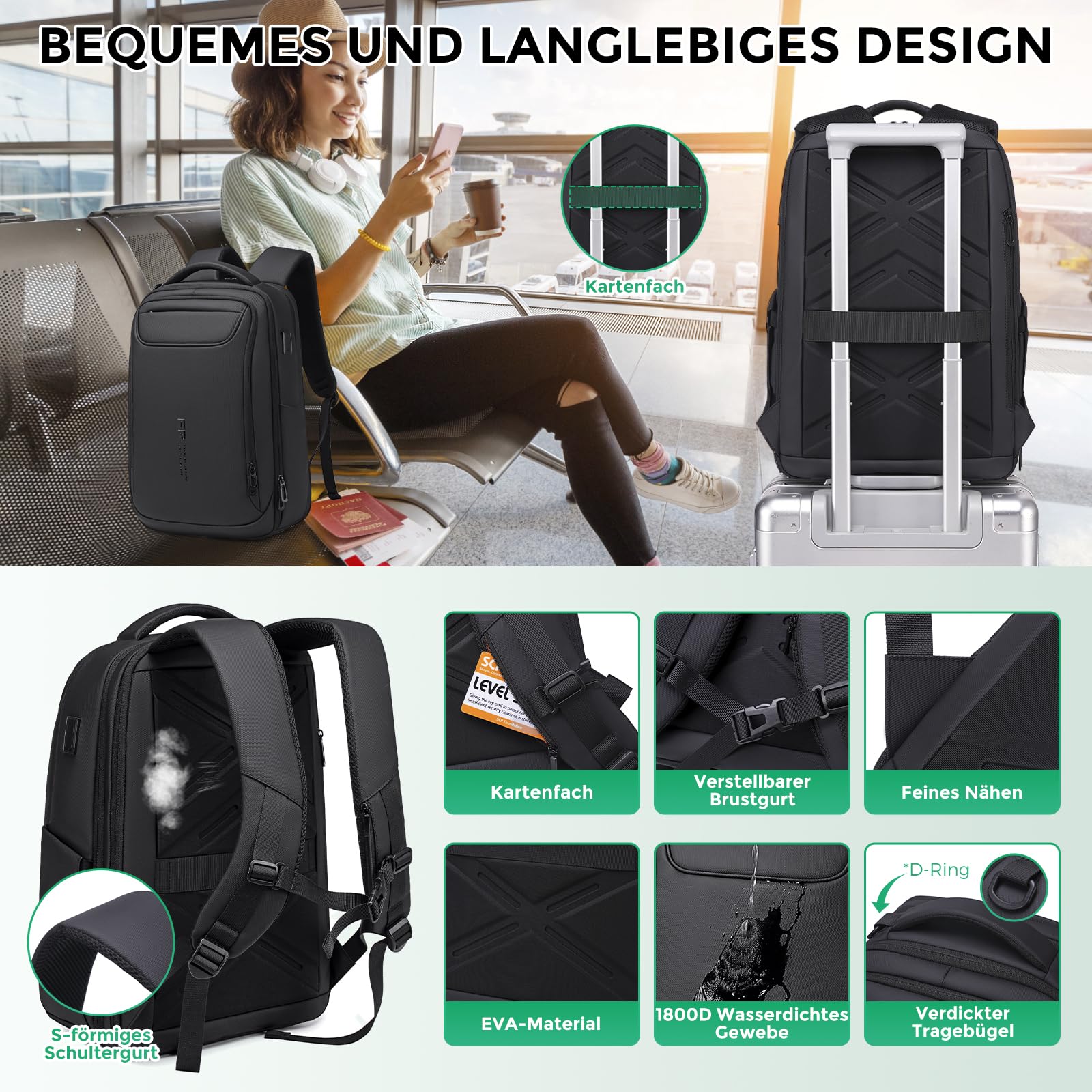 FFenree.geer Business Rucksack Herren 15,6 Zoll Laptop Rucksack, 1800D | USB-Anschluss Anti-Diebstahl Wasserdicht Office Backpack, Erweiterbar 26L-36L für Reiserucksack, Handgepäck & Tagesrucksäcke