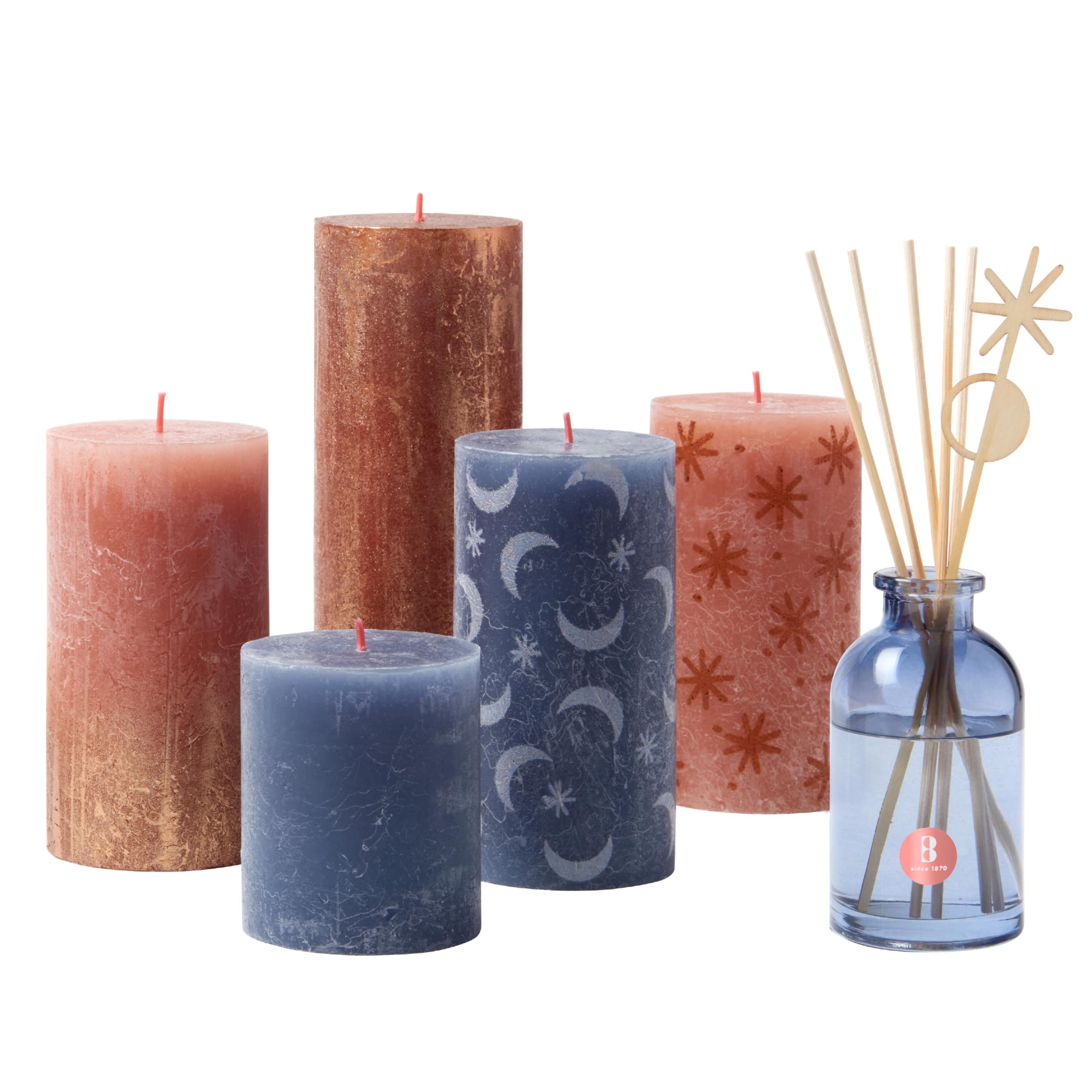 Bolsius Secret Forest Rustic Candle Gift Set - Box Of 5 Candles And 1 Reed Diffuser - Long Burning Time - Household Candle - Interior Decoration - Includes Natural Vegan Wax - No Palm Oil