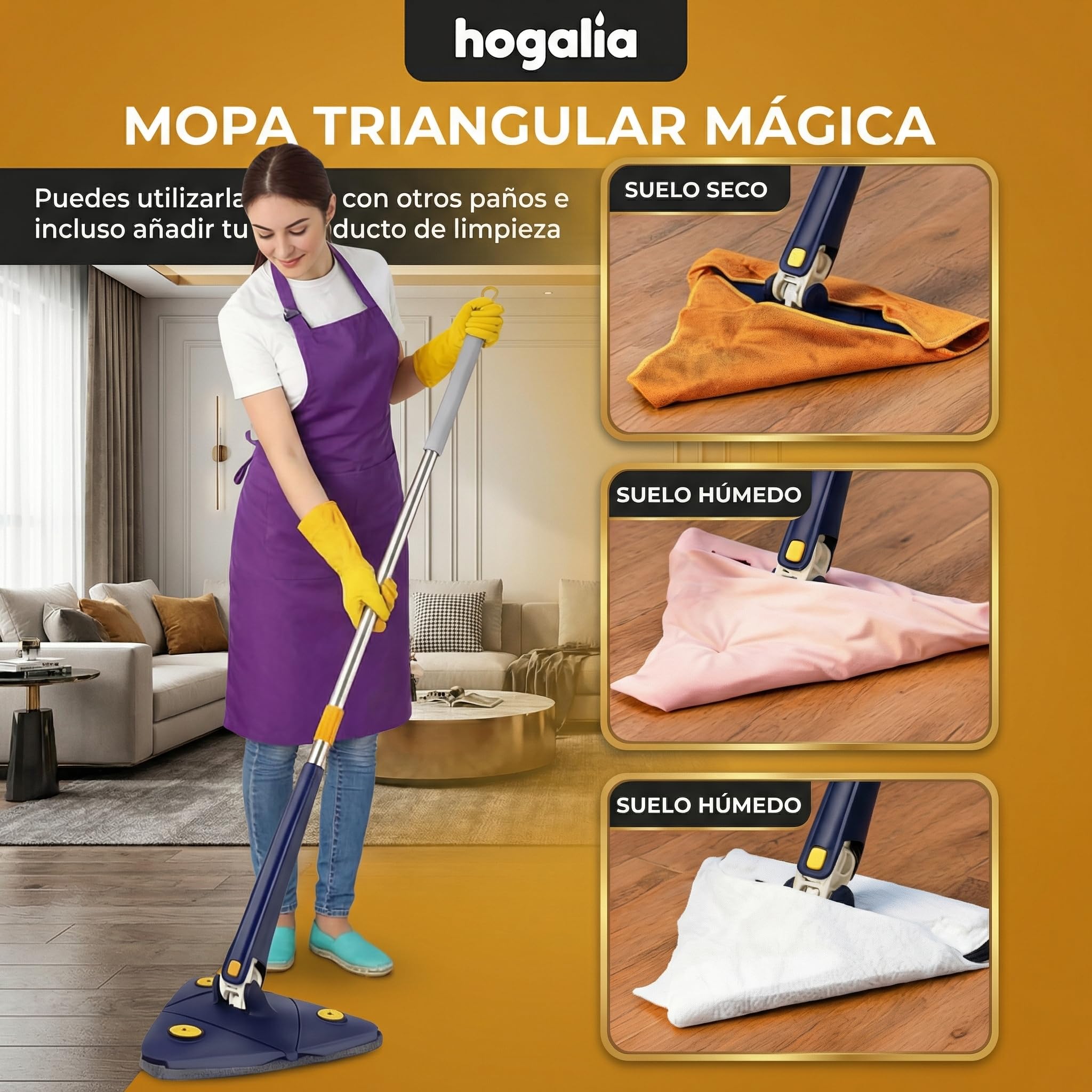 Mopa Triangular Giratoria 360 Autoescurrible de Microfibra, Mopa para Limpiar Azulejos y Paredes, Colgador, 6 Recambios, Manual y Trucos. Fregona Autoescurrible, Suelos, Techos y Ventanas