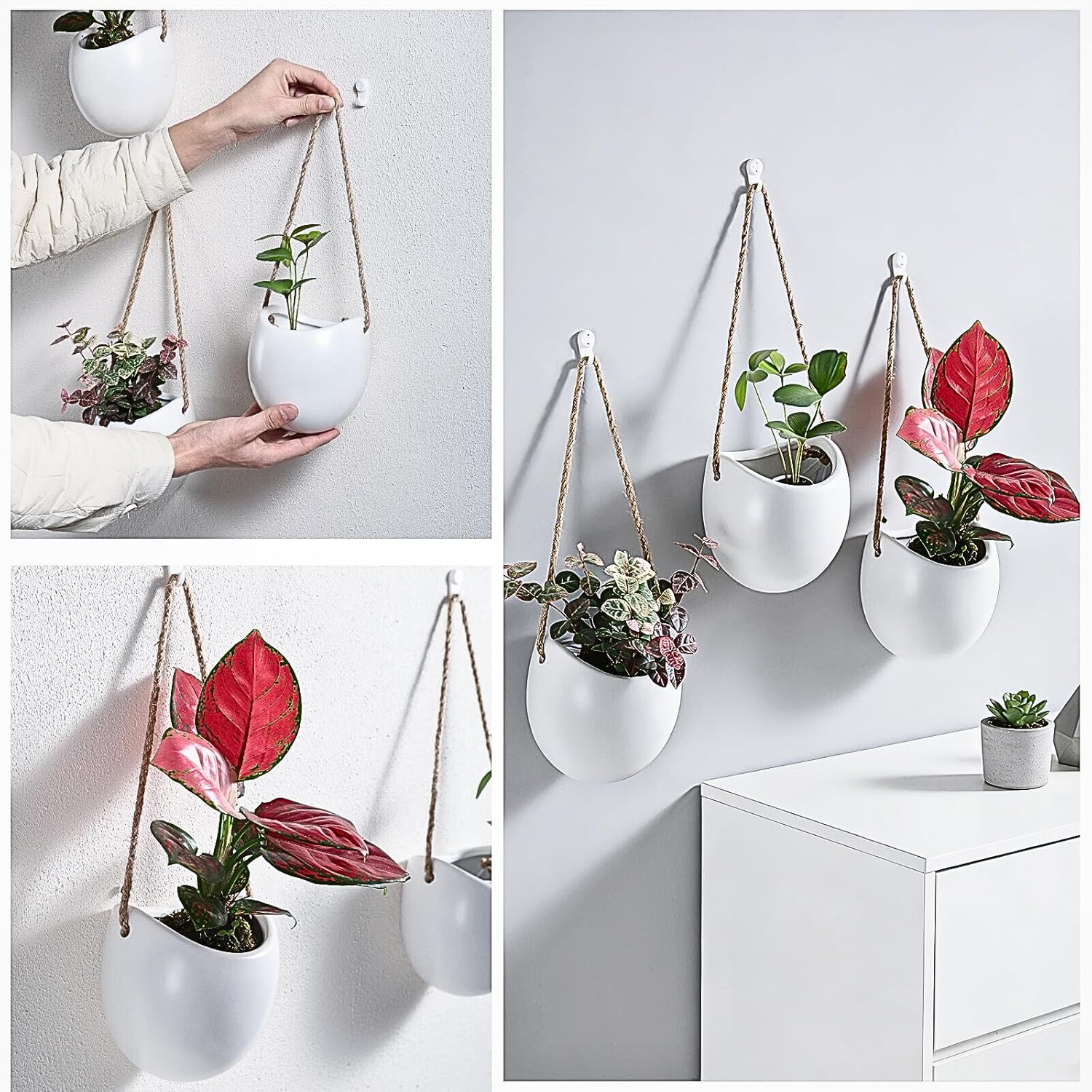 Set of 3 Small Ceramic Wall Planters for Indoor Plants, Wall Decor for Bathroom Living Room Bedroom Home Kitchen Office Corridors