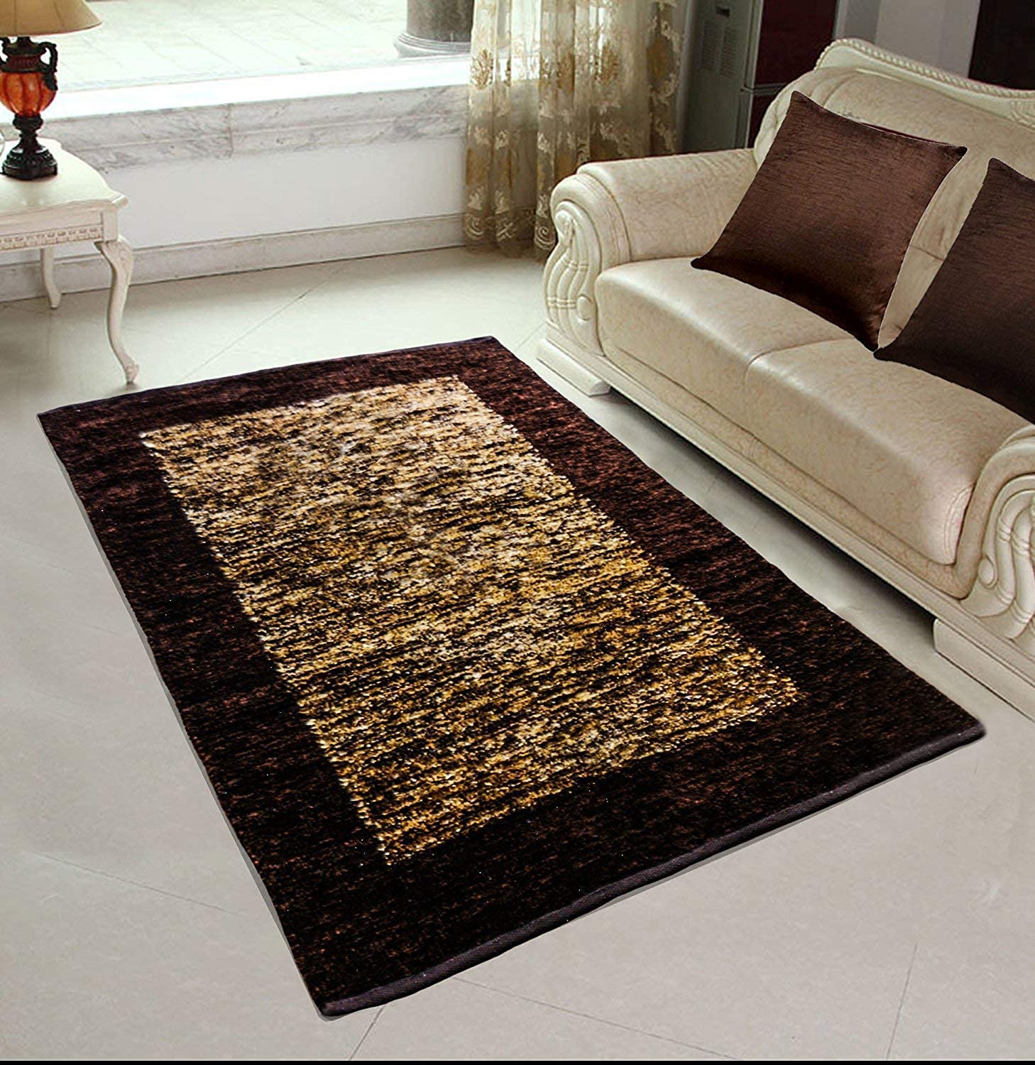 Next Home Polyester Soft Indoor Modern Shag Area Rug Carpet with Feather Touch for Home, 3x5 ft, Multicolour Coffee and Beige (7) Mix