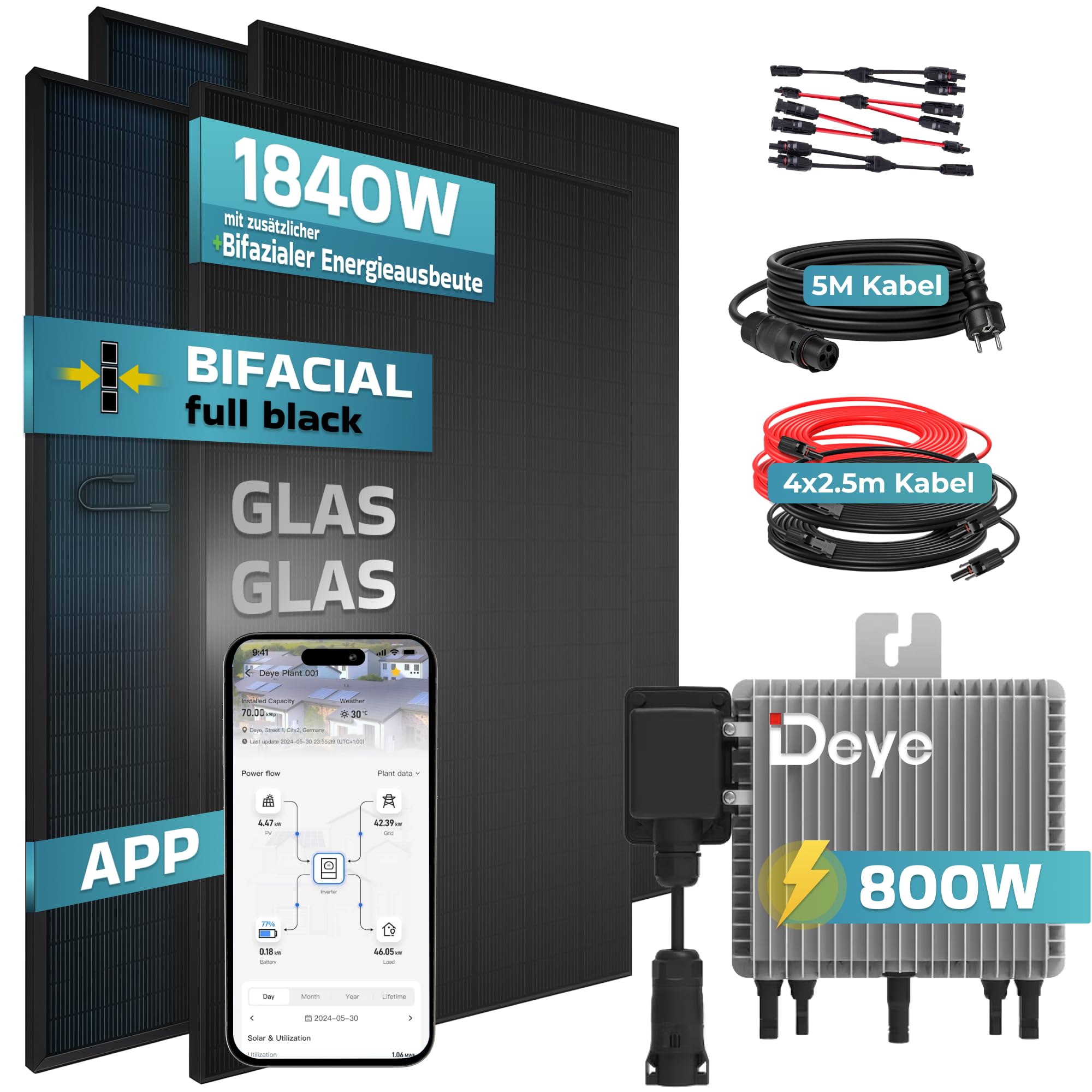 SUNNIVA® 1840W Balkonkraftwerk BIFAZIAL FULLBLACK komplett Steckdose DEYE 800W Wechselrichter, PV Solaranlage, 4x 460W Glas-Glas Solarmodule, inkl. 5m Kabel, Bluetooth WIFI, Komplettset