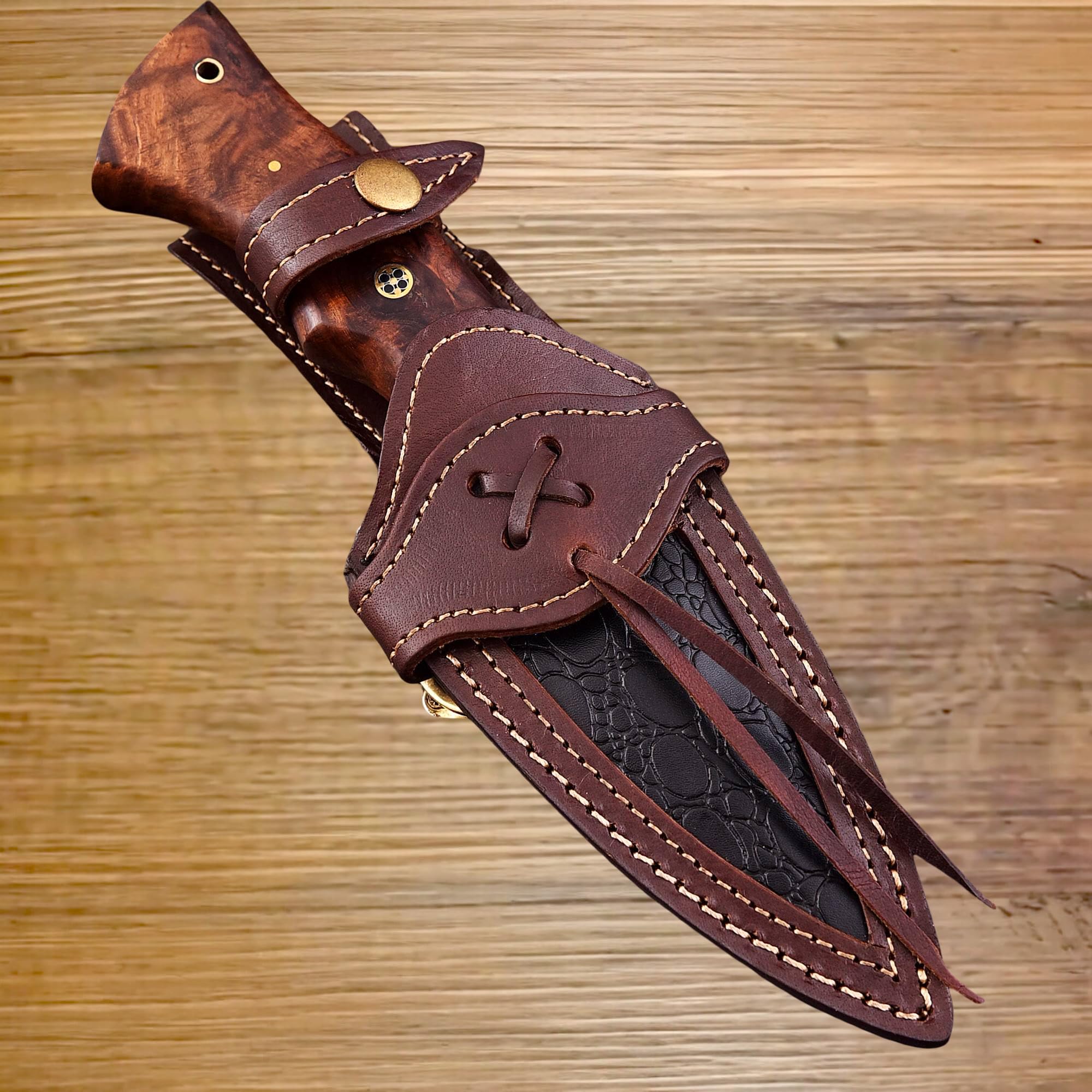 Danast Jagdmesser-Taschenmesser-12 cm klinge Echtes 150 DamastStahl lagen Walnussholz Griff Ideal zum Häuten mit Lederscheide