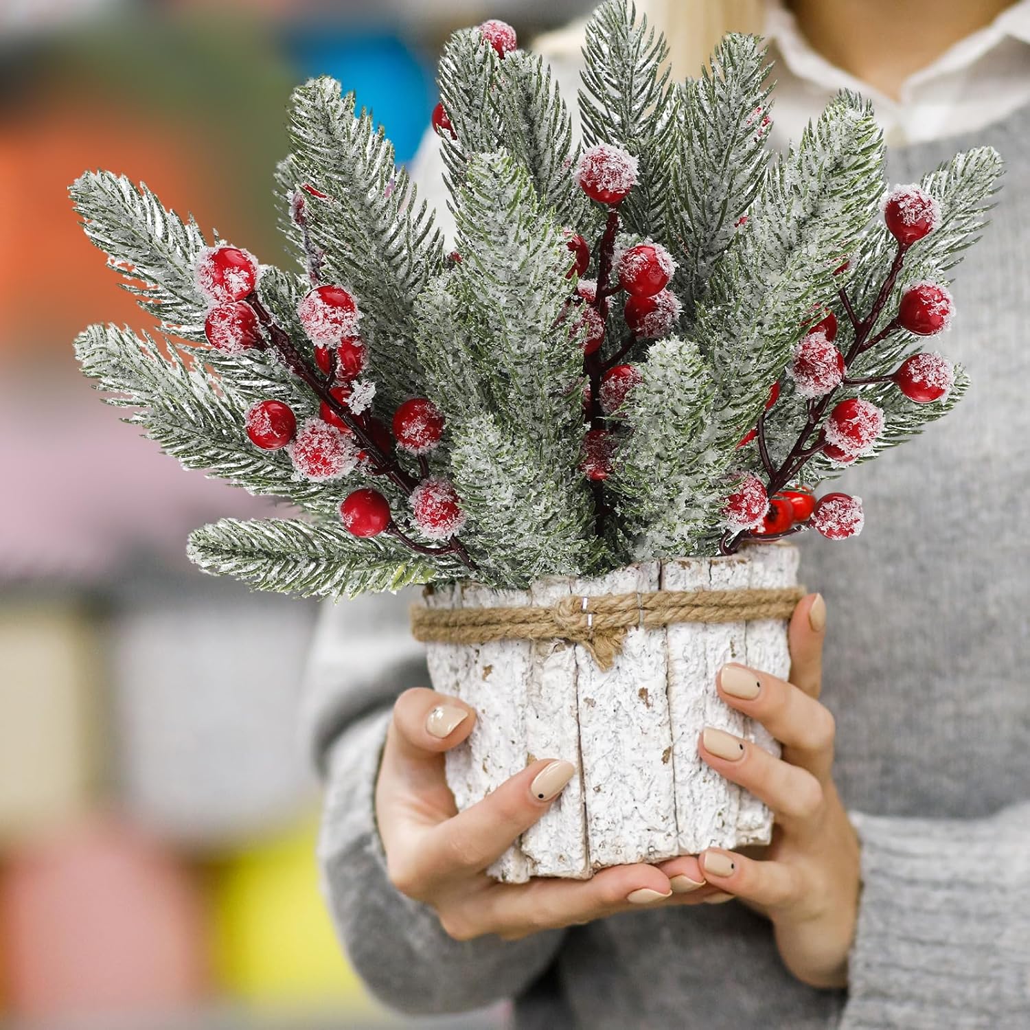 60 Pcs Christmas Artificial Snowy Pine Needles Branches with Red Berry Stems Pine Tree Decor 11.4'' Pine Needles for Winter Holiday Xmas Wreath Garland Home Garden Party Decoration