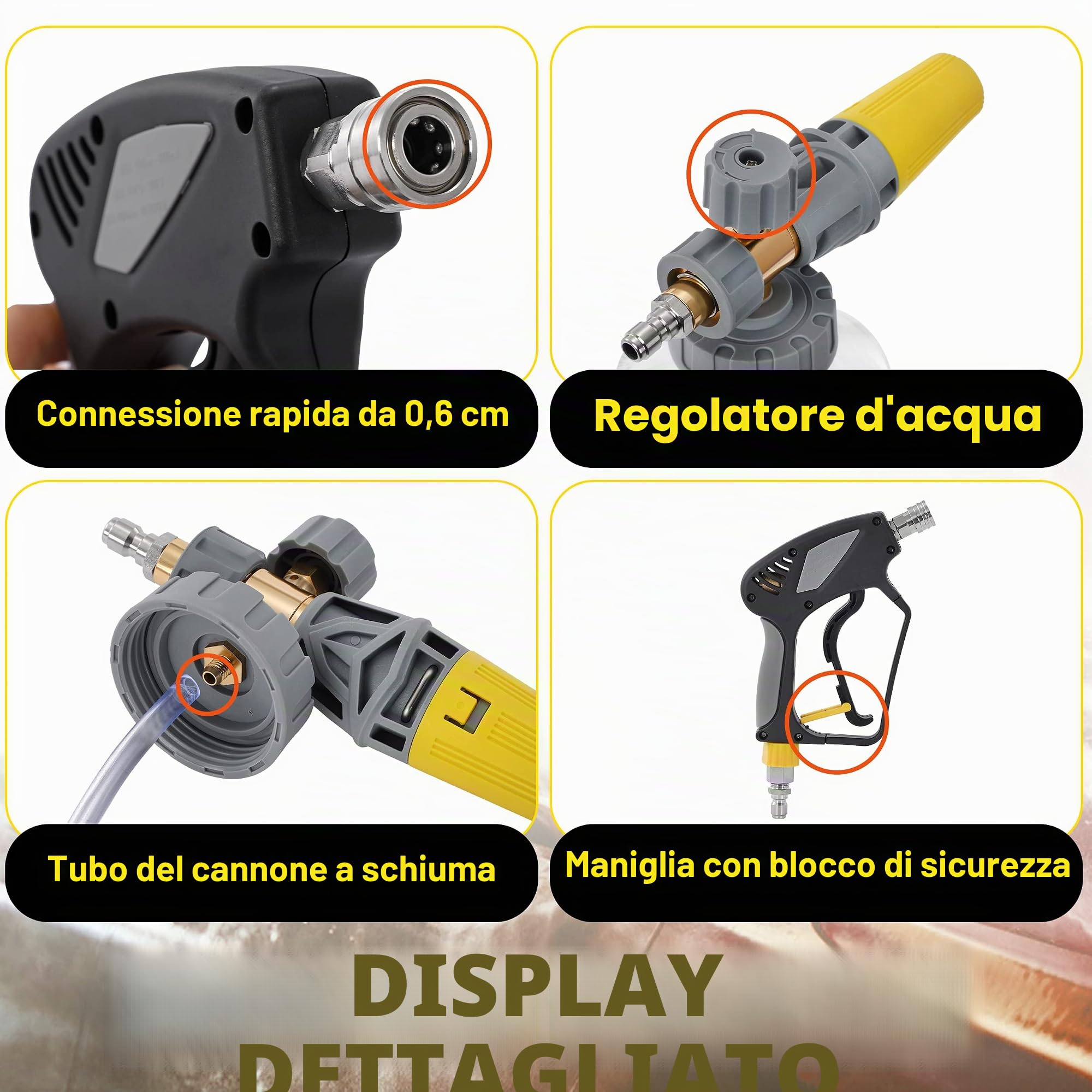 Tool Daily Lancia Schiuma con Pistola per Idropulitrice da 5000 PSI, Pistola con Connettore Rapido Girevole da 3/8'', Cannone Schiuma Regolabile, con Attacchi Rapidi M22 e da 1/4'', Capacità 1,5 Litri