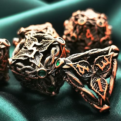 Miniatura 6 de MJDICEOK Hollow Magic Vine Leaf - Juego de dados DND de metal, 7 dados para juegos de rol, dados de D&D Dungeons and Dragons (cobre rojo + gema