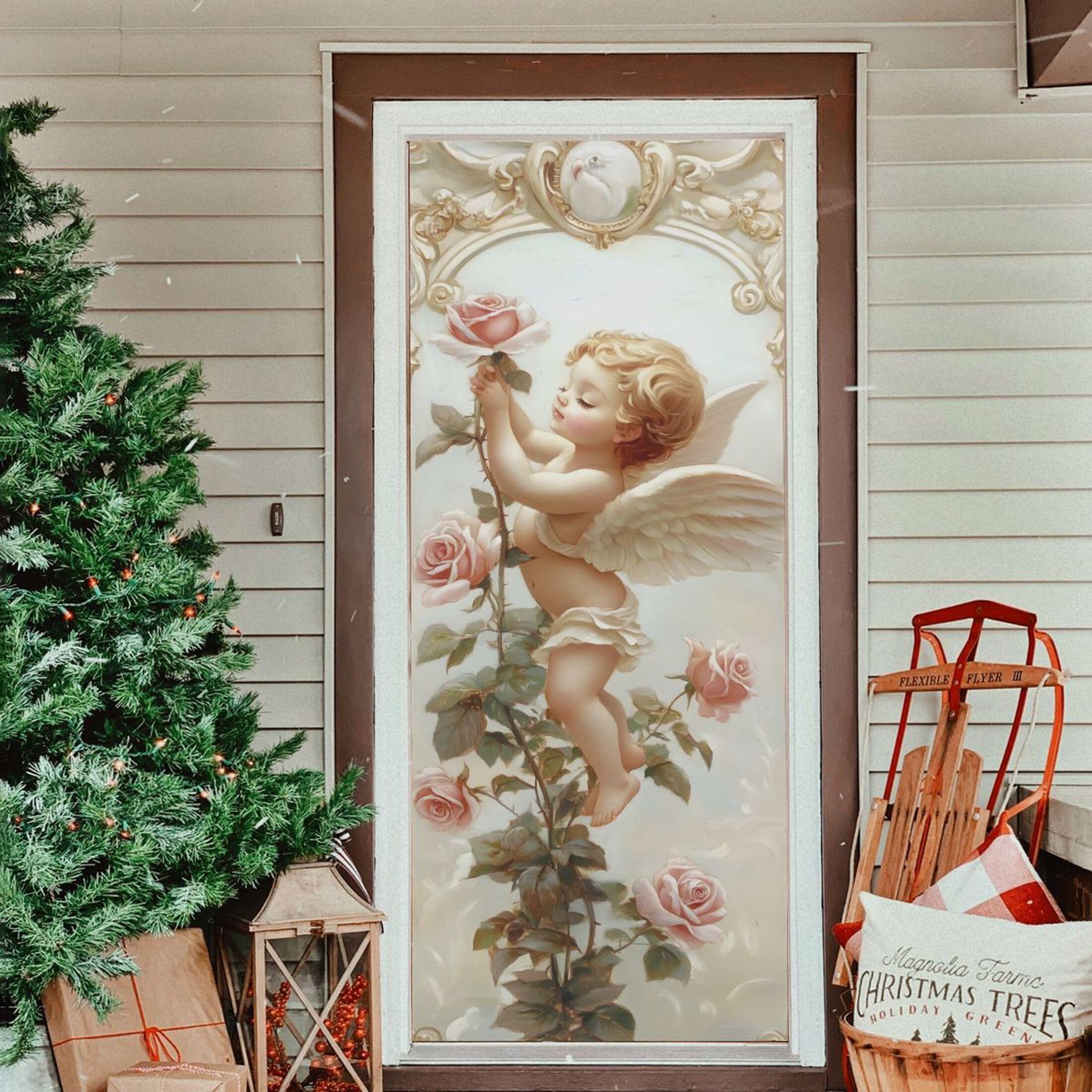 Graziosa copertura per porta a forma di angelo, in tessuto elastico ad alta elasticità, per feste festive, decorazione per la casa, 89 x 200 cm