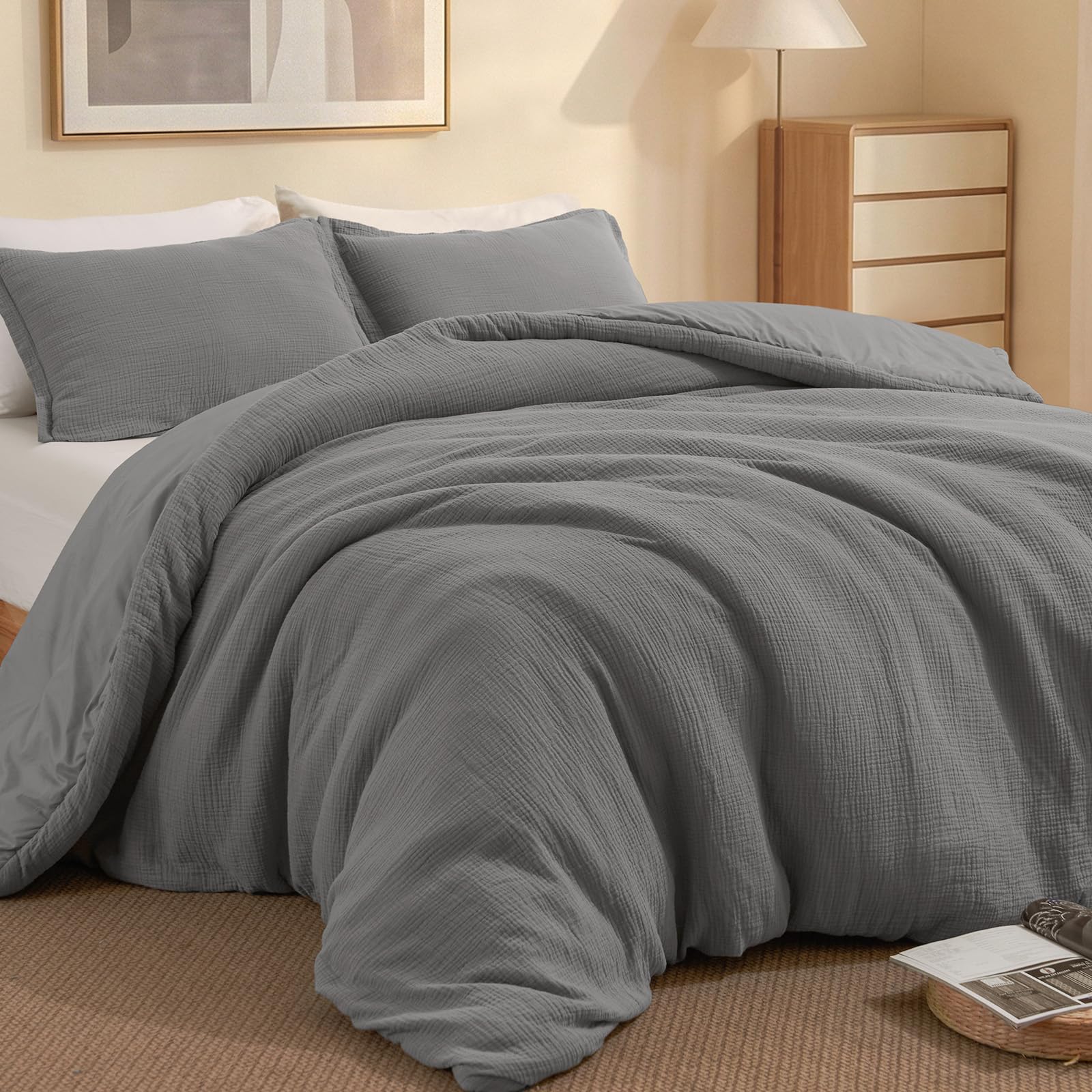 david's home cotton muslin comforter set queen size, soft lightweight breathable cozy skin-friendly, 3pcs linen like gauze bedding with pillow shams, aesthetics home decor & giftable, black grey
