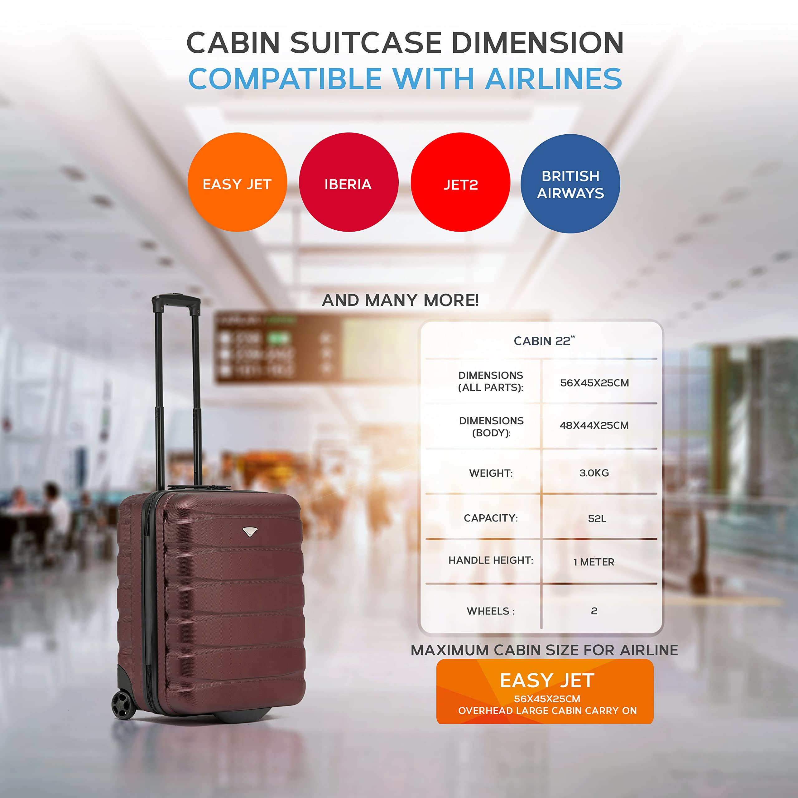 Flight Knight Set of 2 Lightweight 2 Wheel ABS Hard Case Suitcases Cabin Carry On Hand Luggage Approved for Airlines Including British Airways & Maximum Size for easyJet Large Cabin Bag 56x45x25cm