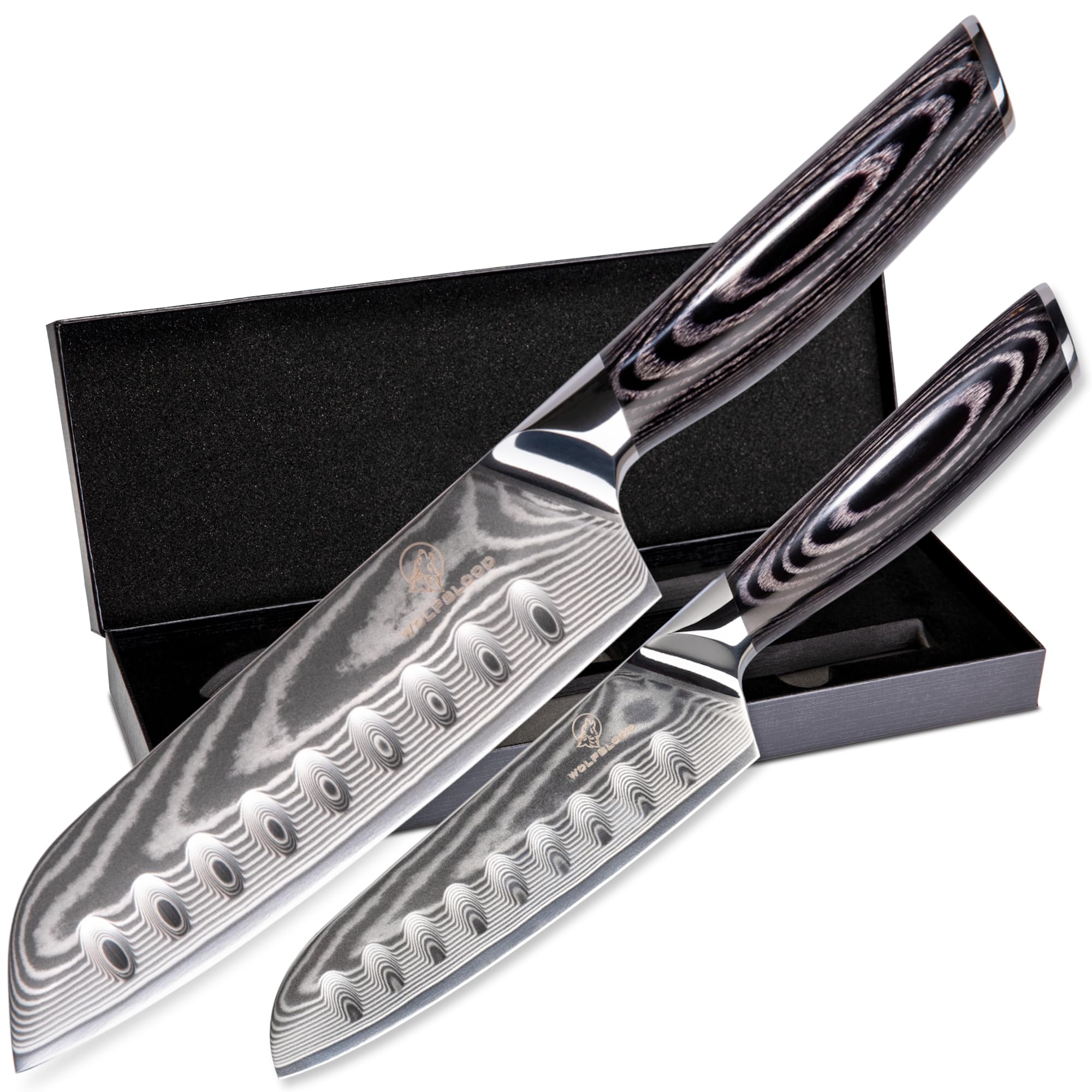 Wolfblood PRO 2er Santoku Damastmesser Set XL (31cm und 23 cm) TÜV geprüfter 62 HRC Damaststahl aus 67 Lagen I Damast Küchenmesser Set mit Santokumesser Holzgriff Geschenkbox & Klingenschutz