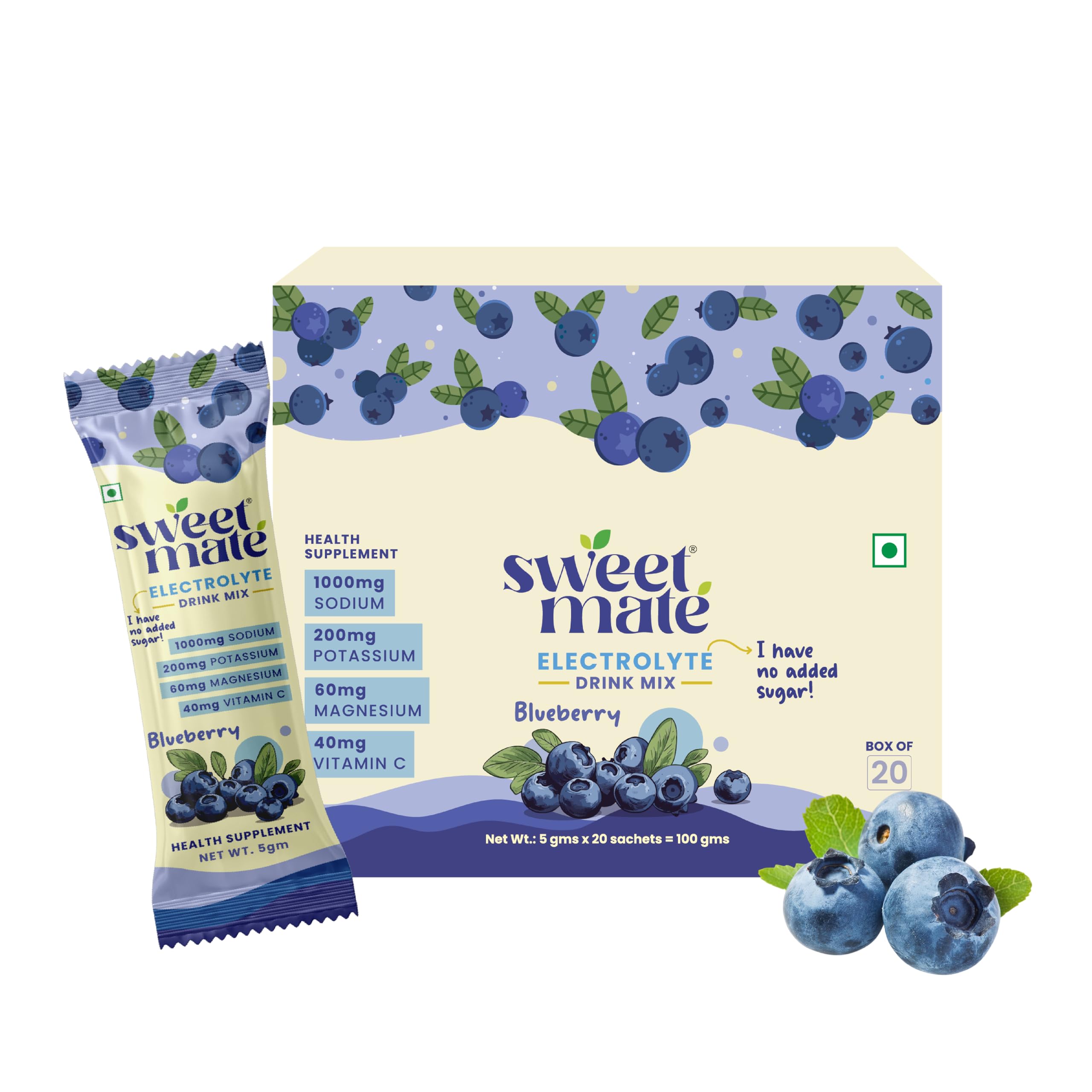 Sweetmate Electrolyte Blueberry Flavor | 20 Sachets | No Sugar | Daily Hydration Support with Electrolytes | Workout Recovery & Travel Ready