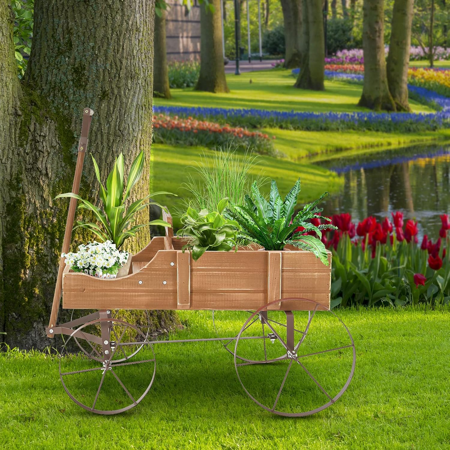 Goplus Wagon Planter, Decorative Wooden Garden Planter with Wheels, 2 Planting Sections and Adjustable Handle, Indoor Outdoor Backyard Balcony Decor (Brown)