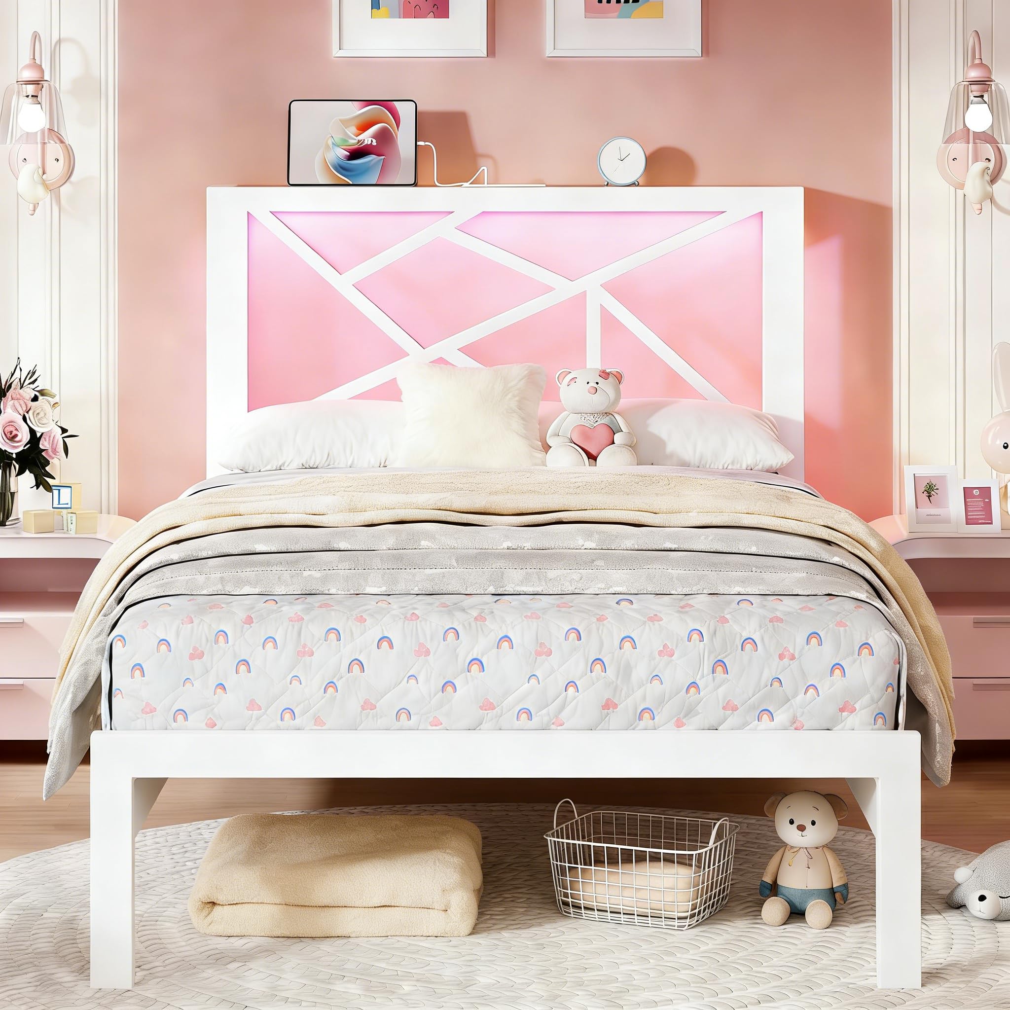 D&H FURNIMMT Twin Metal Bed Frame with USB Charging Station, LED Ambient Lighting, and Wooden Storage Headboard Under-Bed Storage, No Box Spring Needed, Noise Free, Easy Assembly, White