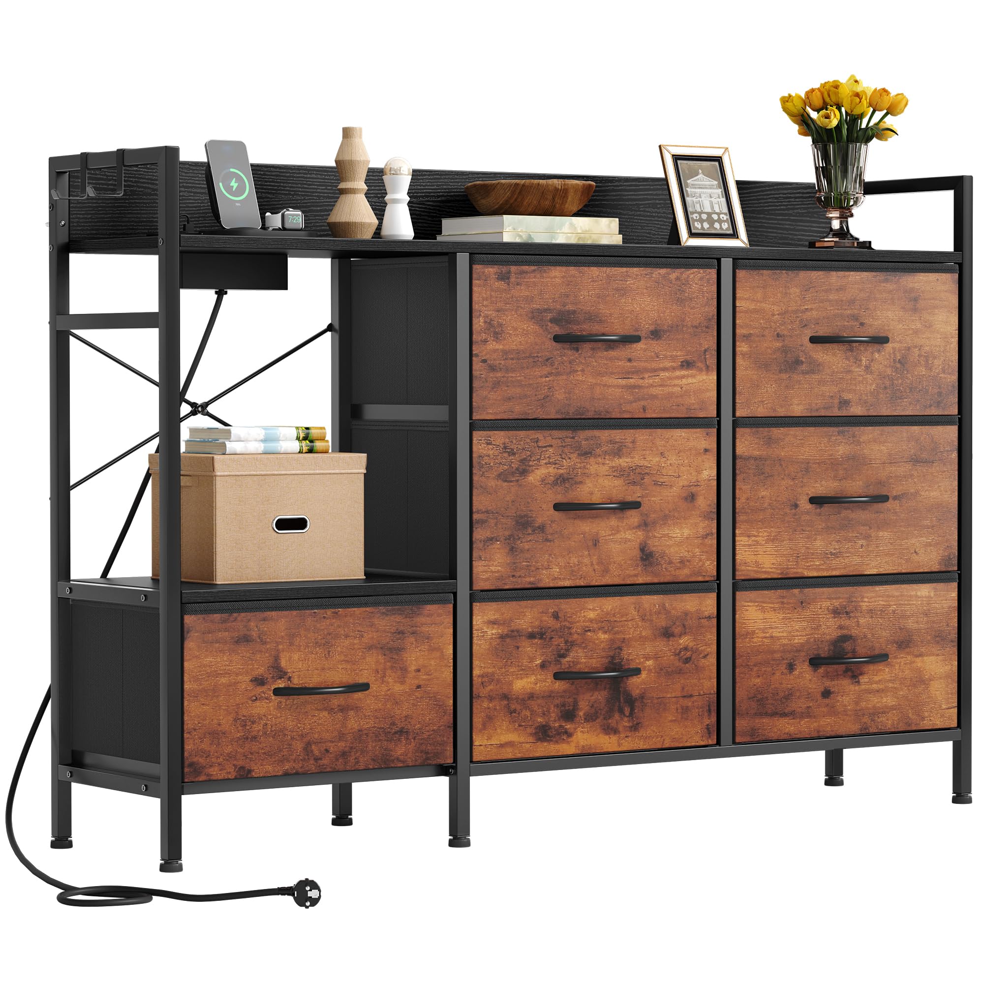 YITAHOME Kommode Schlafzimmer mit 7 Stoffschubladen, Kommode mit 2 Steckdosen, 2 USB-Anschlüssen, TV-Schrank mit seitlichen Haken,Braun