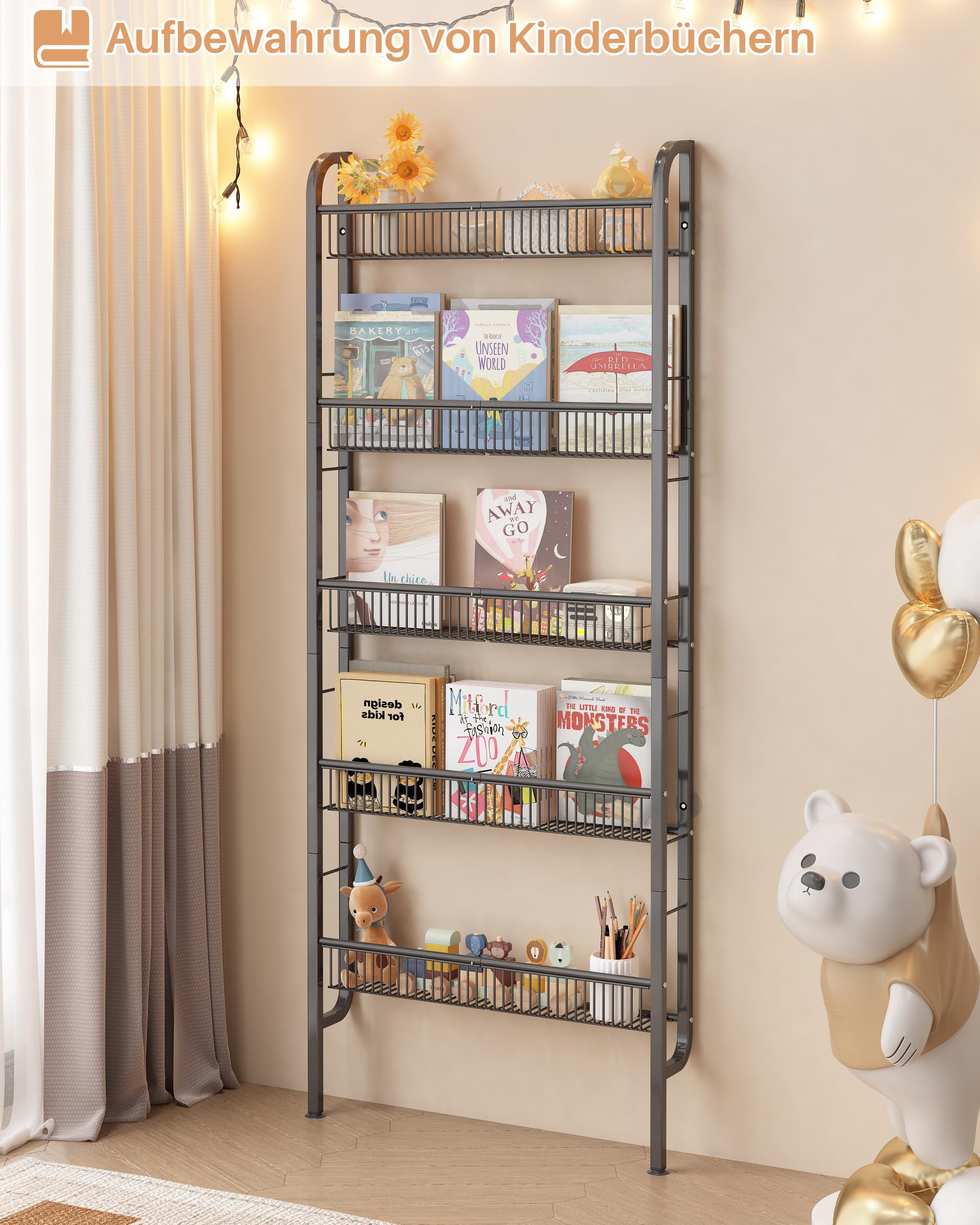 UMDONX Bücherregal gegen Wand, schmales 5 etagiges Metall Bücherregal, Leiterregal, multifunktional für Enge Räume, Schwarz（62 x 9 x 160 cm）