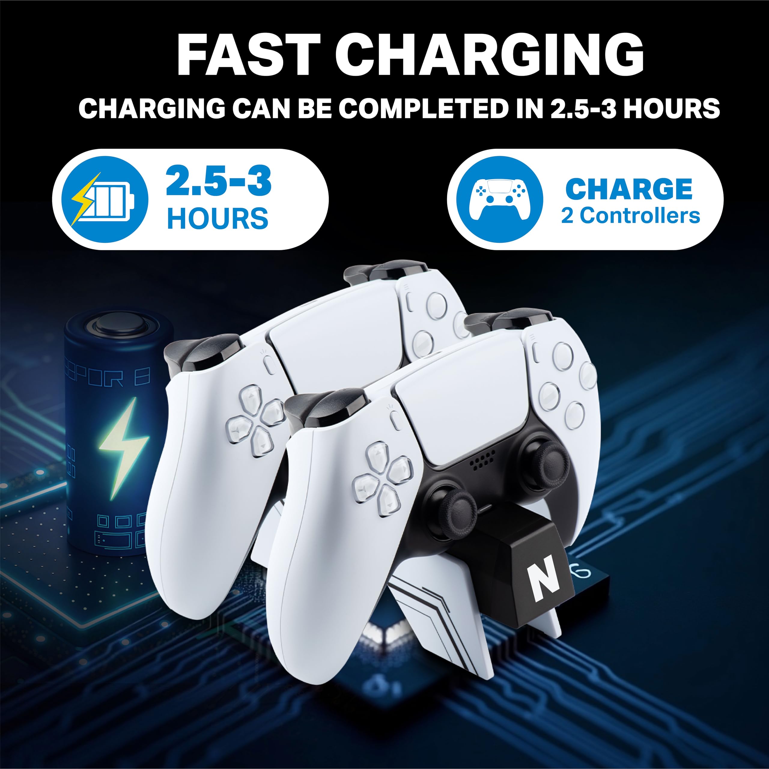 NiTHO Estación de Carga Compatible con Mandos PS5/ Edge, Estación de Recarga Doble USB con Diseño de Carga Vertical Click-In y Protección contra Sobrecargas, Blanco