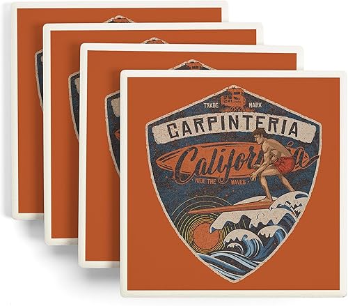 Carpinteria, California, Surfer Scene, Contour (Absorbent Ceramic Coasters Set of 4 Matching Images, Cork Back, Kitchen Table Decor)