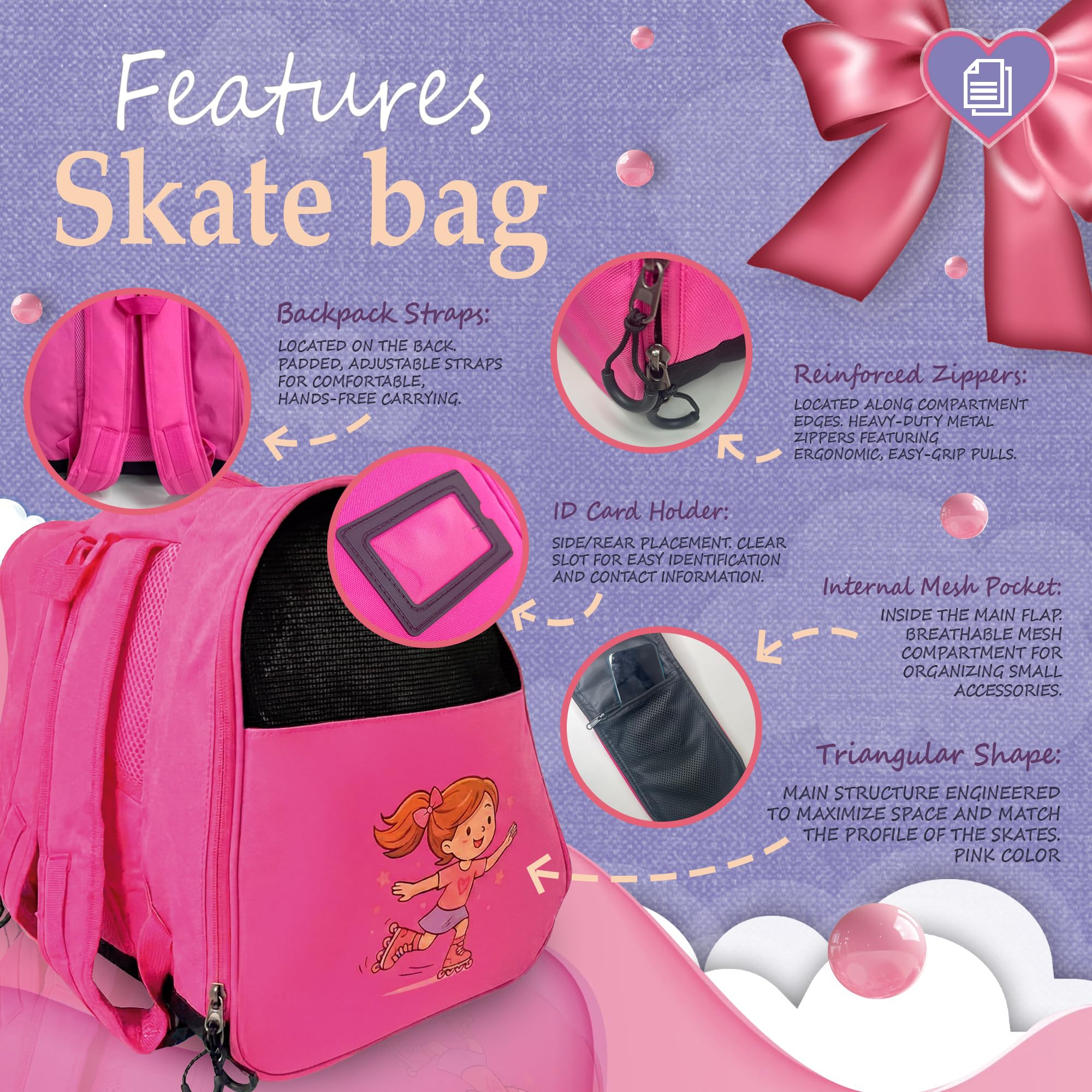 DOJA Barcelona Borsa Pattini in Linea Bambini - Rosa - Regolabile, Borsone Pattinaggio Artistico, Ruote e Protezioni in Tessuto Robusto, Borsa Pattini Rotelle, Copripattini Pattinaggio Rotelle
