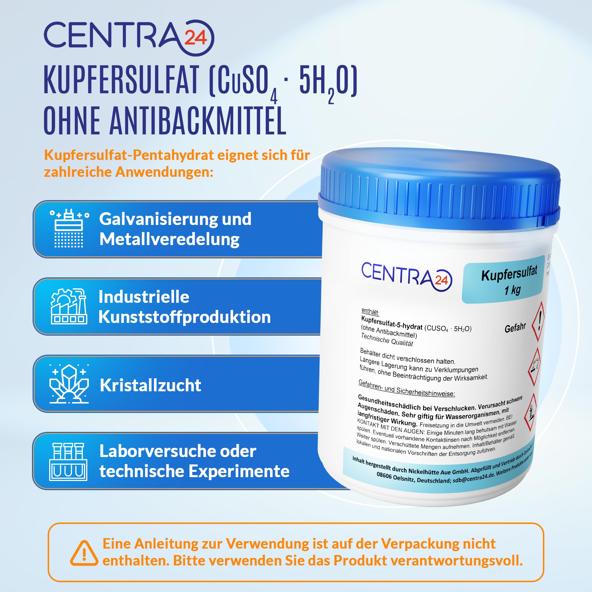 Kupfersulfat 1kg in Dose von Centra24, Made in GERMANY, ohne Antibackmittel, Kupfervitriol, Kupfer-II-sulfat-5-hydrat, CUSO4 5H2O, Kristallzucht, Blaustein, Verkupfern,