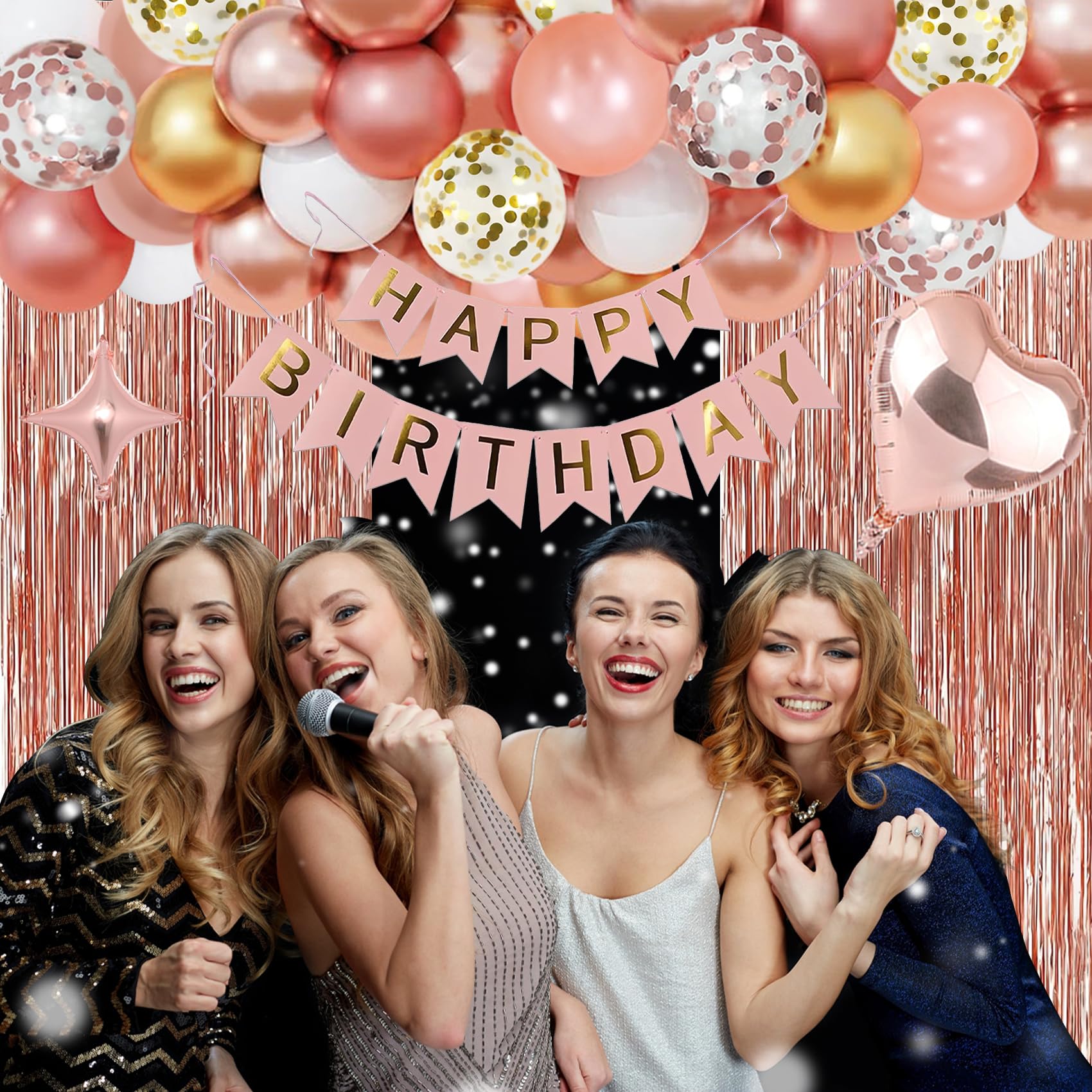 NANINUNENO 33rd Rose Gold Birthday Party Decorations for Women, Rose Gold Happy Birthday Banner, Fringe Curtains, Heart Foil Balloons, Confetti Balloons, Cake Topper for 33rd Birthday Decorations