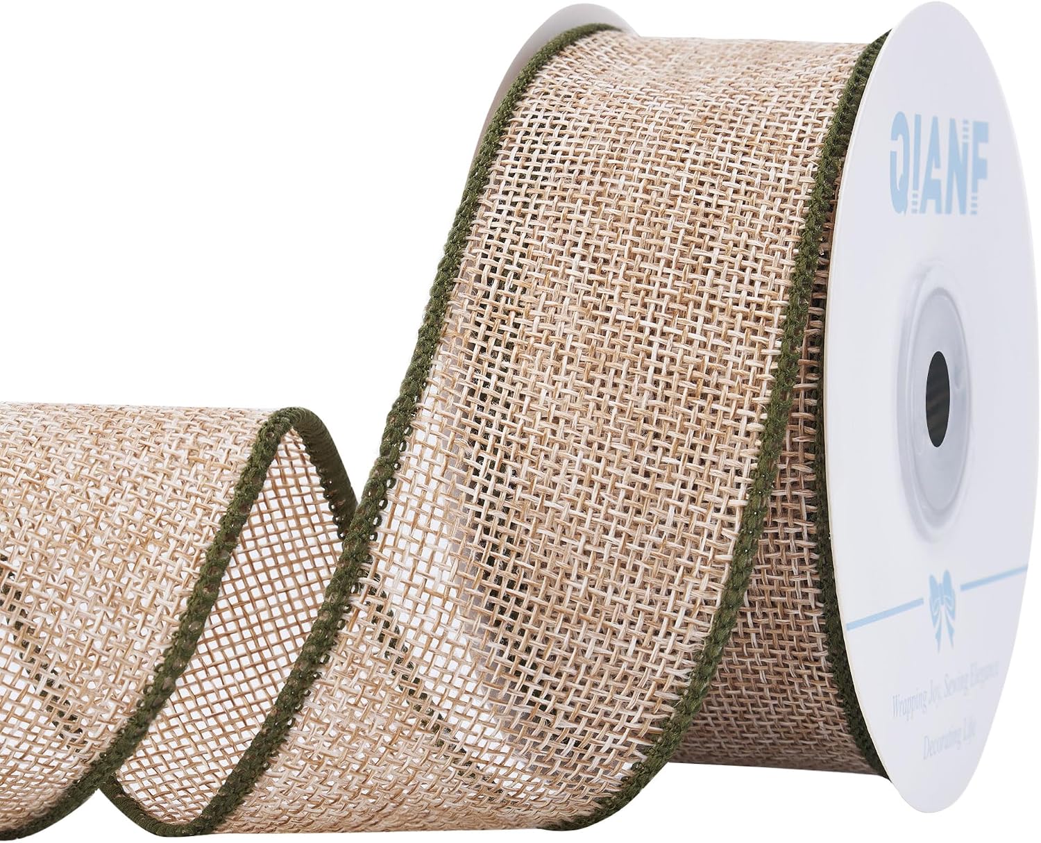 QIANF 1-1/2 Inch x 10 Yard Burlap Wired Ribbon with Moss Green Edge Natural Ribbon for Gift Wrapping, Bow Making, Wreath, Christmas Tree, Rustic Christmas Decorations, Wedding Decor (Moss Green)