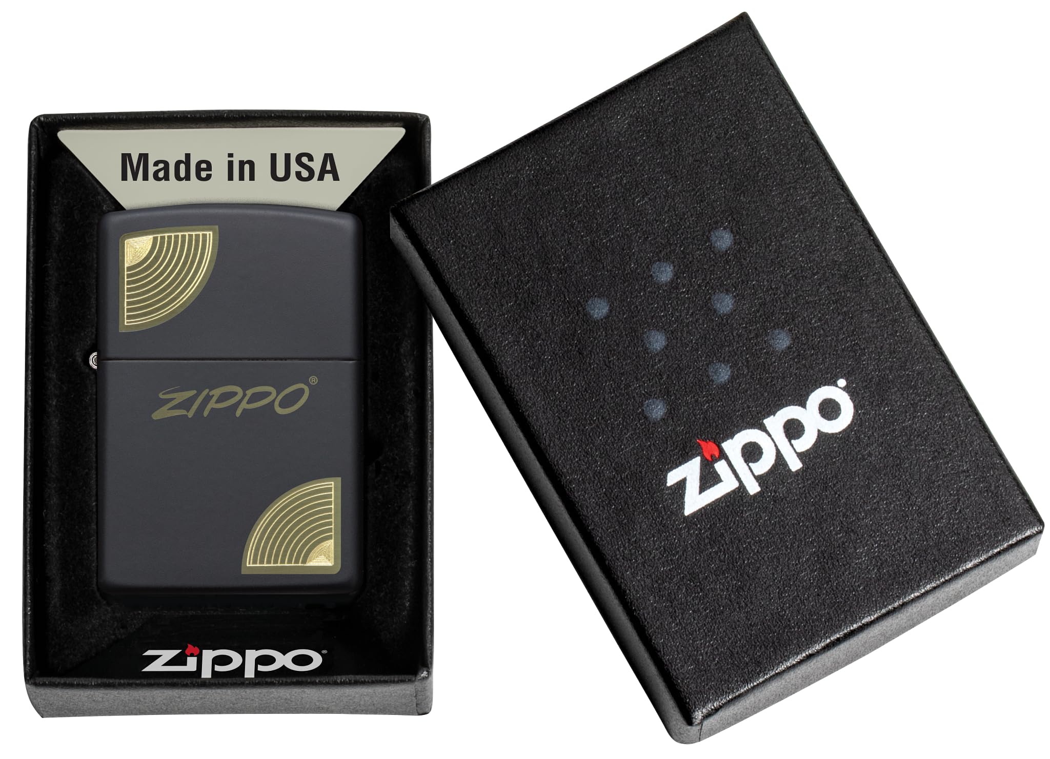 Zippo Logo Script Corners Zapalniczka Sztormowa, Grawerowanie Laserowe/Automatyczne, Wielokrotnego Użytku, do Napełniania, Wiatroodporna Konstrukcja, Wykonano w USA, Kolor Czarny Matowy