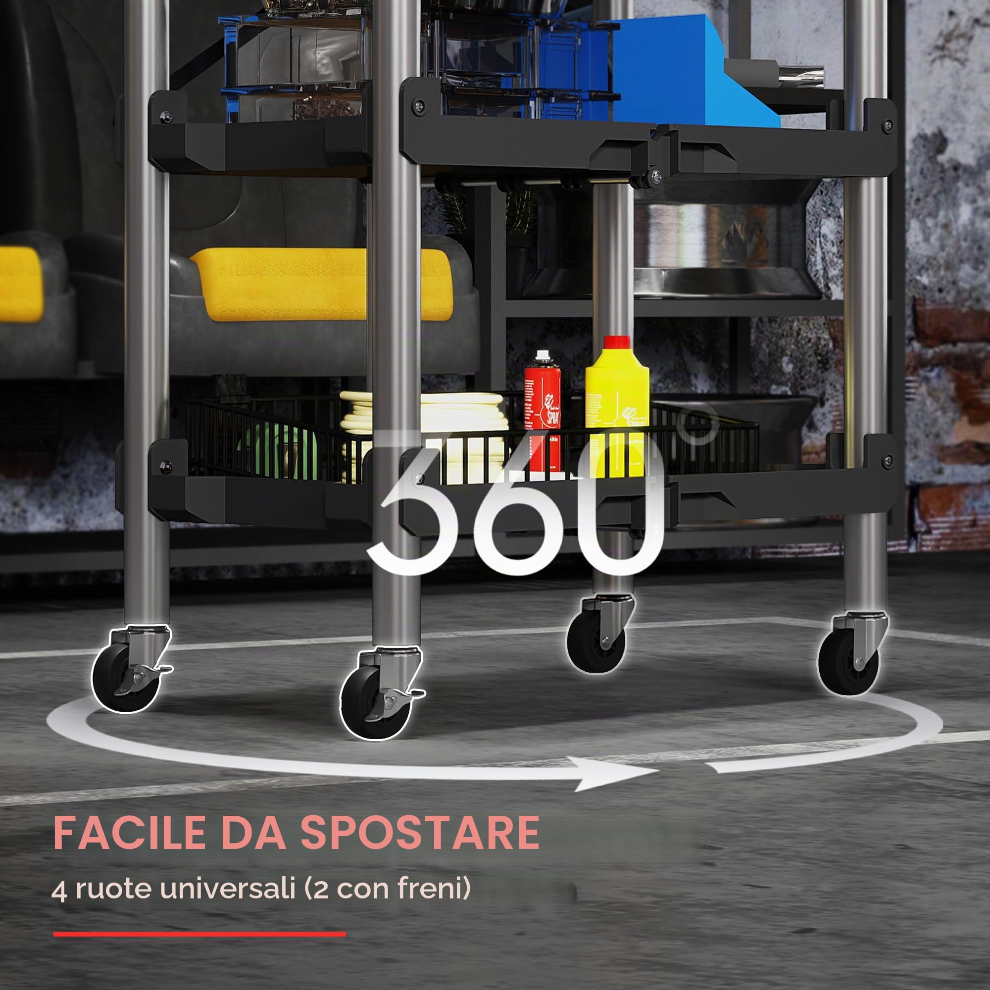 HOMCOM Carrello attrezzi pieghevole 3 livelli, ruote, 150 LBS, nero | Carrello utility pieghevole con maniglie, organizer servizio mobile, per garage magazzino officina.