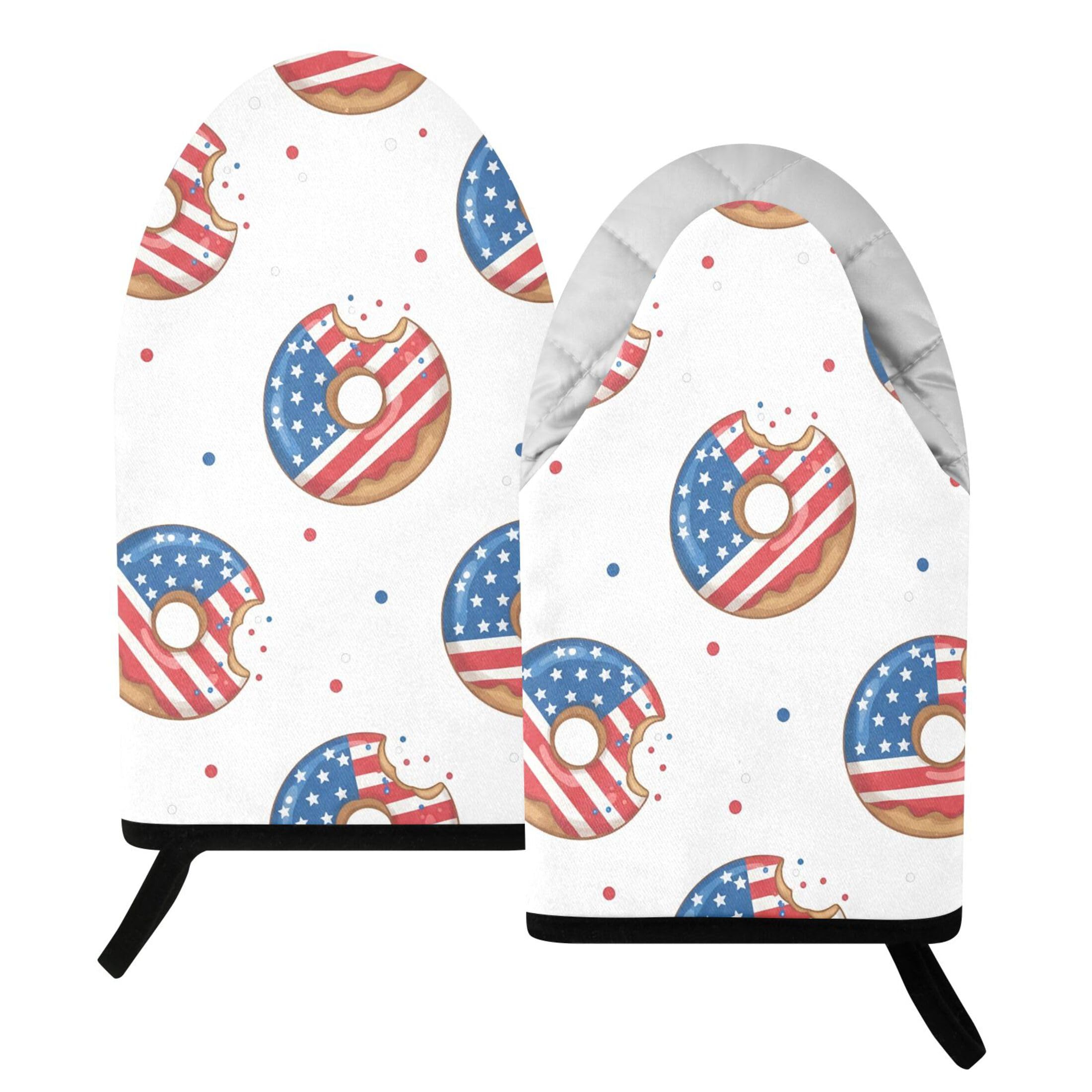 Kutsu Usa Pattern Donuts Oven Mitts for Kitchen, Heat Resistant Cotton Oven Gloves for BBQ Baking Cooking, Breathable Kitchen Essentials, 2 pcs