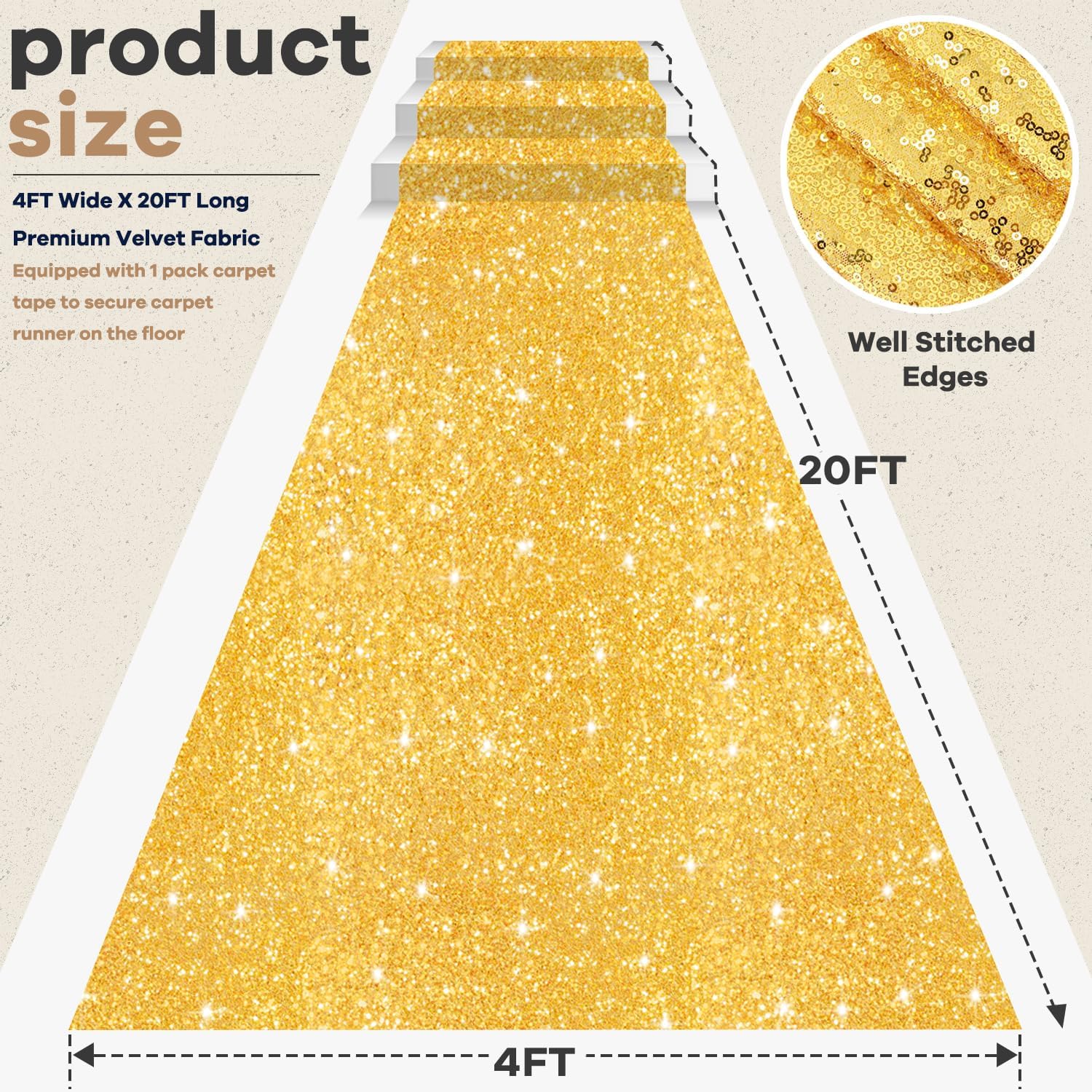 Glitter Wedding Aisle Runner Gold Carpet Runner 4ftx20ft Sequin Aisle Runner for Wedding Ceremony Glittery Walkway Runway Floor Runway Carpet Rug Walkway Rug Indoor for Party Celebration
