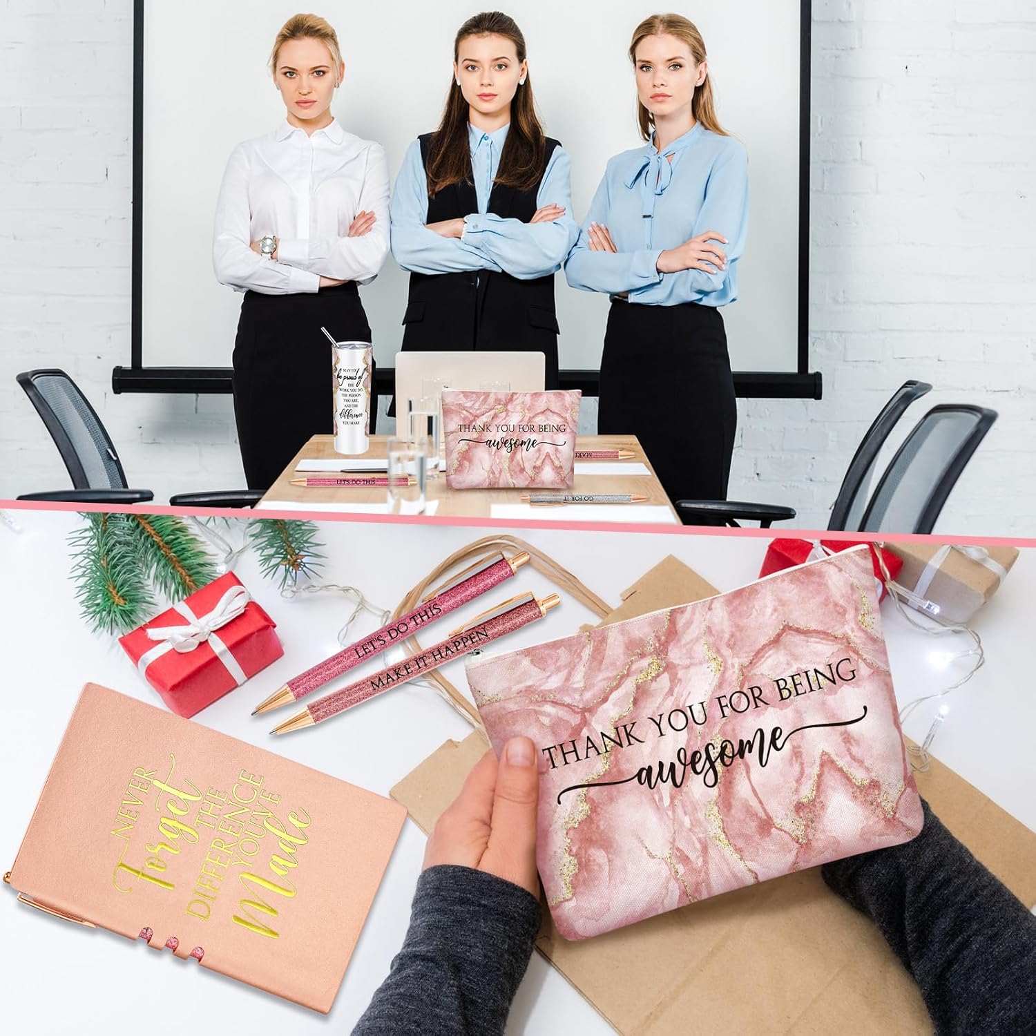 Domensi 6 Pcs Employee Appreciation Gift Set for Women Female Thank You Gift May You Be Proud 20 oz Rustic Marble Sign Tumbler Makeup Bag Journal for Nurse Lady Work Business(Pink) - Image 7