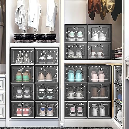 Miniatura 7 de DWVO Paquete de 12 cajas de almacenamiento de zapatos, organizador de zapatos apilable de plástico transparente para armario, se ajusta hasta talla