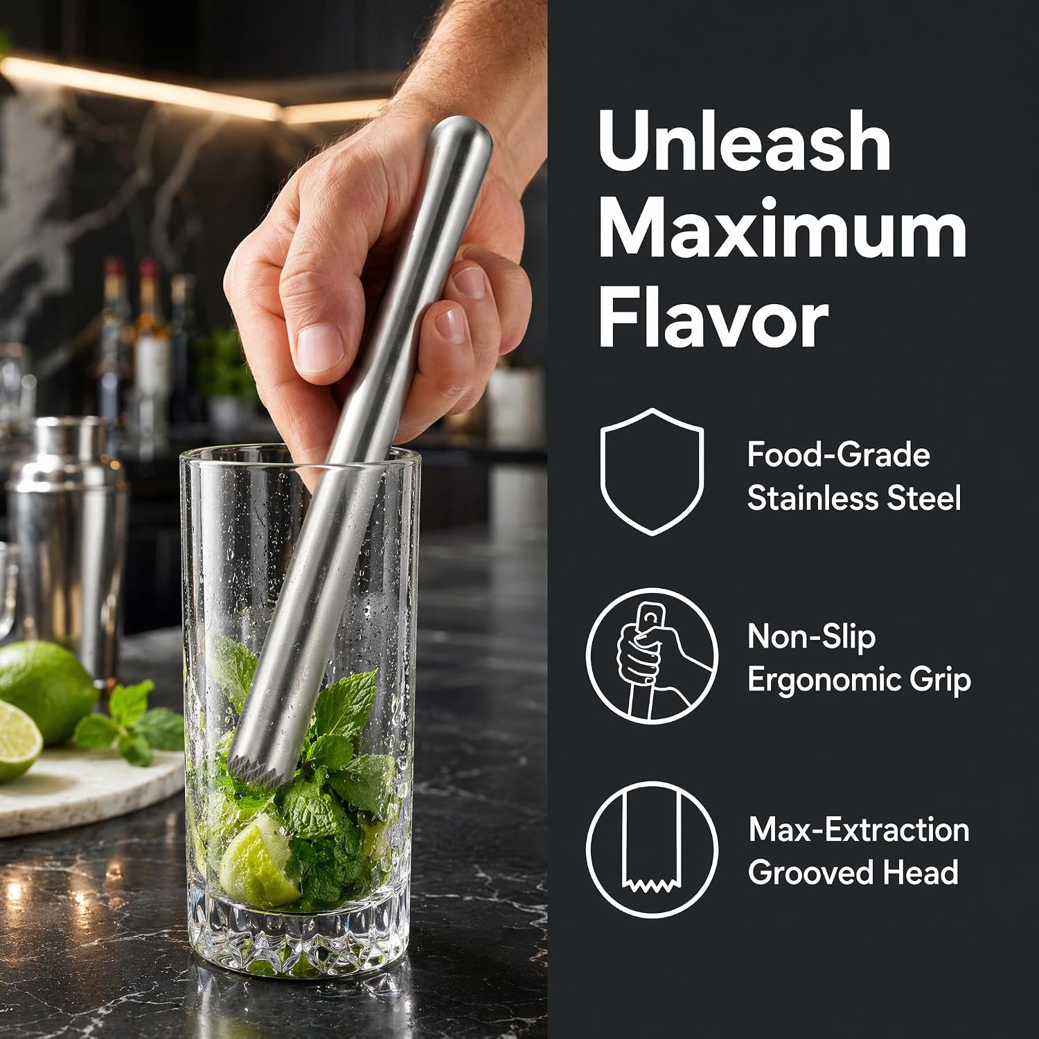 8.8" Stainless Steel Cocktail Muddler, Bar Tool for Mojito Drinks