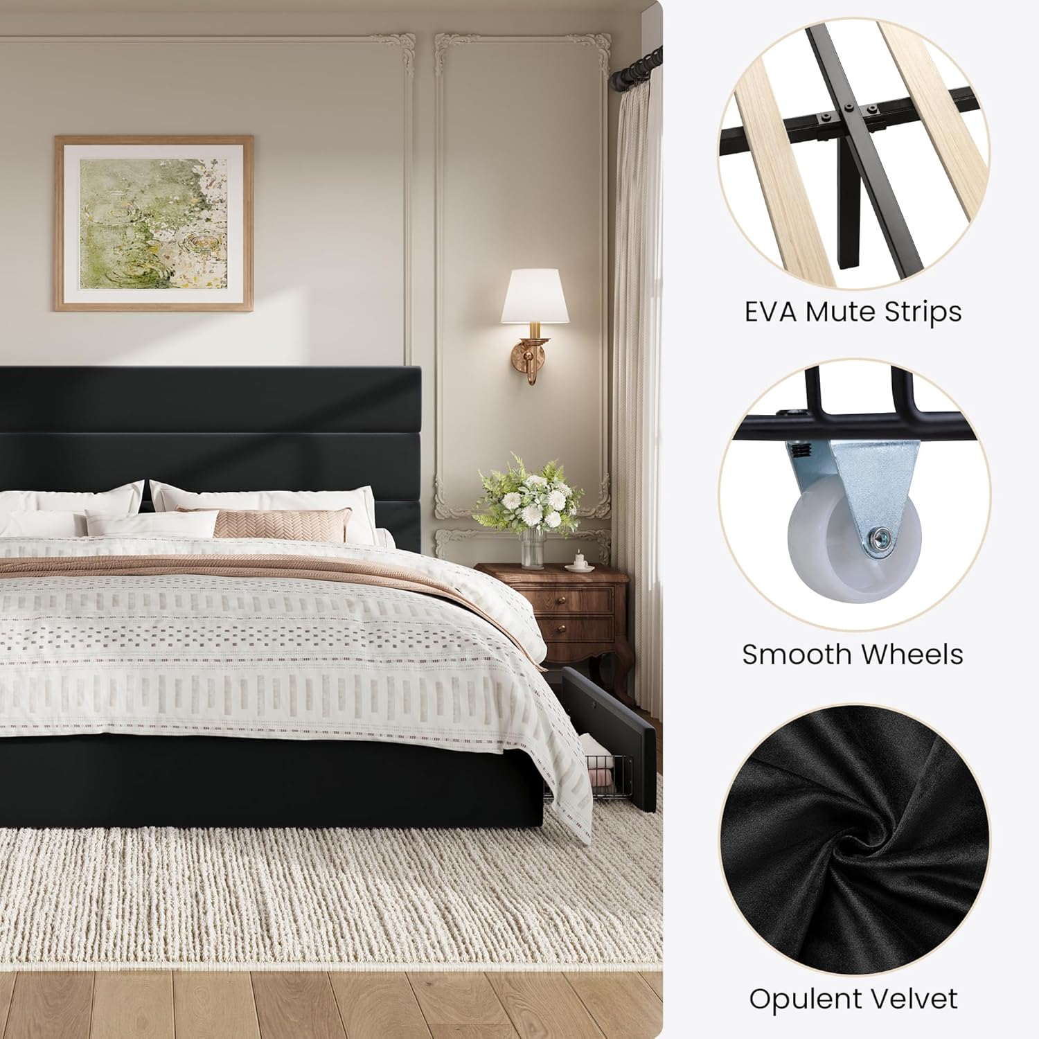 SHA CERLIN King Size Platform Bed Frame with 4 Storage Drawers, Velvet Upholstered Headboard, Mattress Foundation with Wooden Slats Support, No Box Spring Needed, Easy Assembly, Black