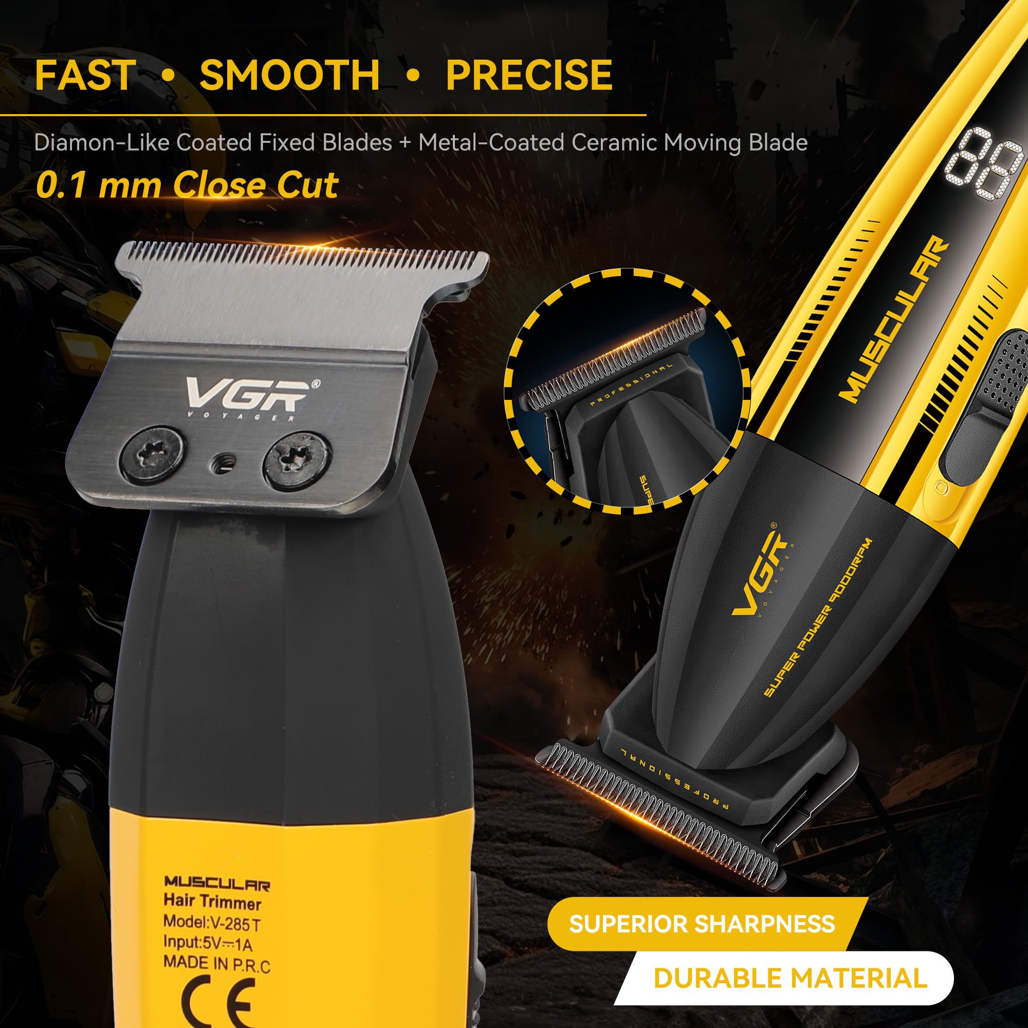 VGR Professioneller Haarschneider für Männer, 9000 U/min Hochgeschwindigkeits-Elektromotor, eng geschnittene Präzisions-DLC-Klinge, kabelloser USB-C-Akku, Barber & Home Bart-Stoppelpflege, Detailer